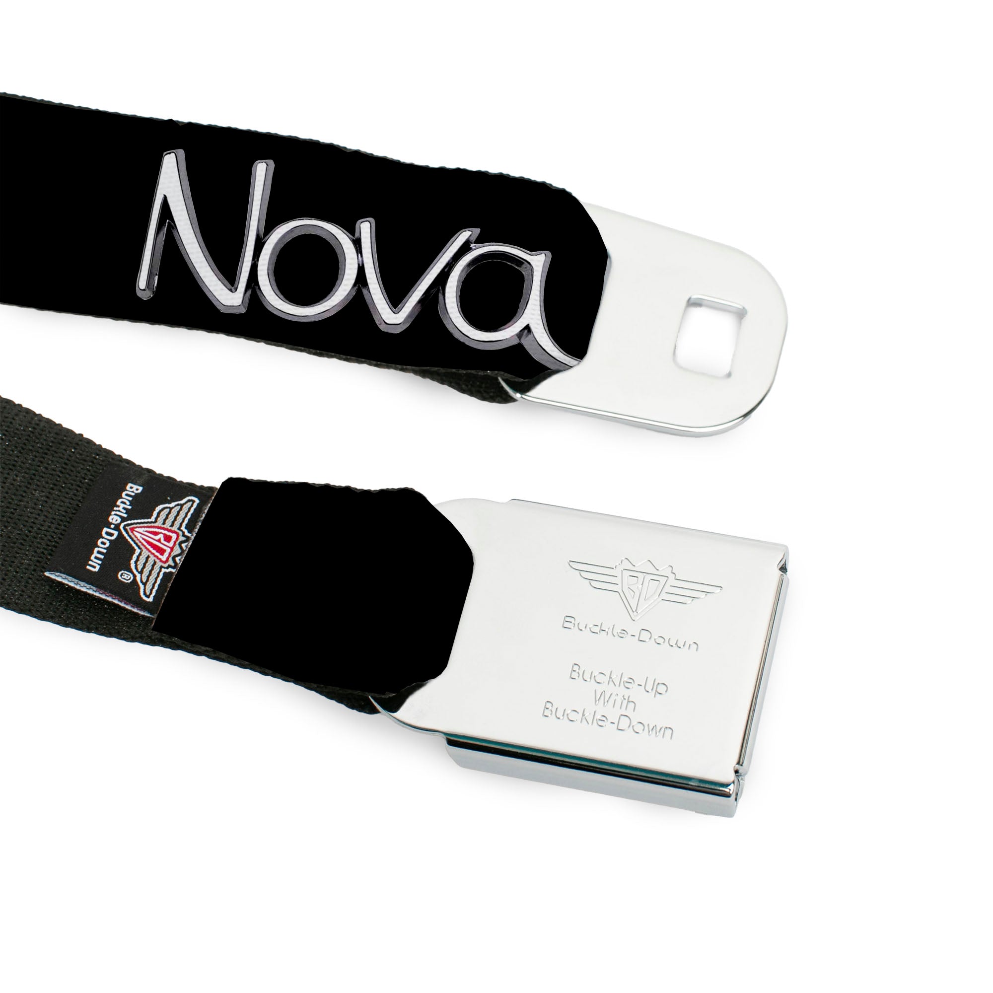 1968-72 NOVA Script Emblem Full Color Black Silver Seatbelt Belt - 1968-72 NOVA Script Emblem Black/Silver Webbing Seatbelt Belts GM General Motors