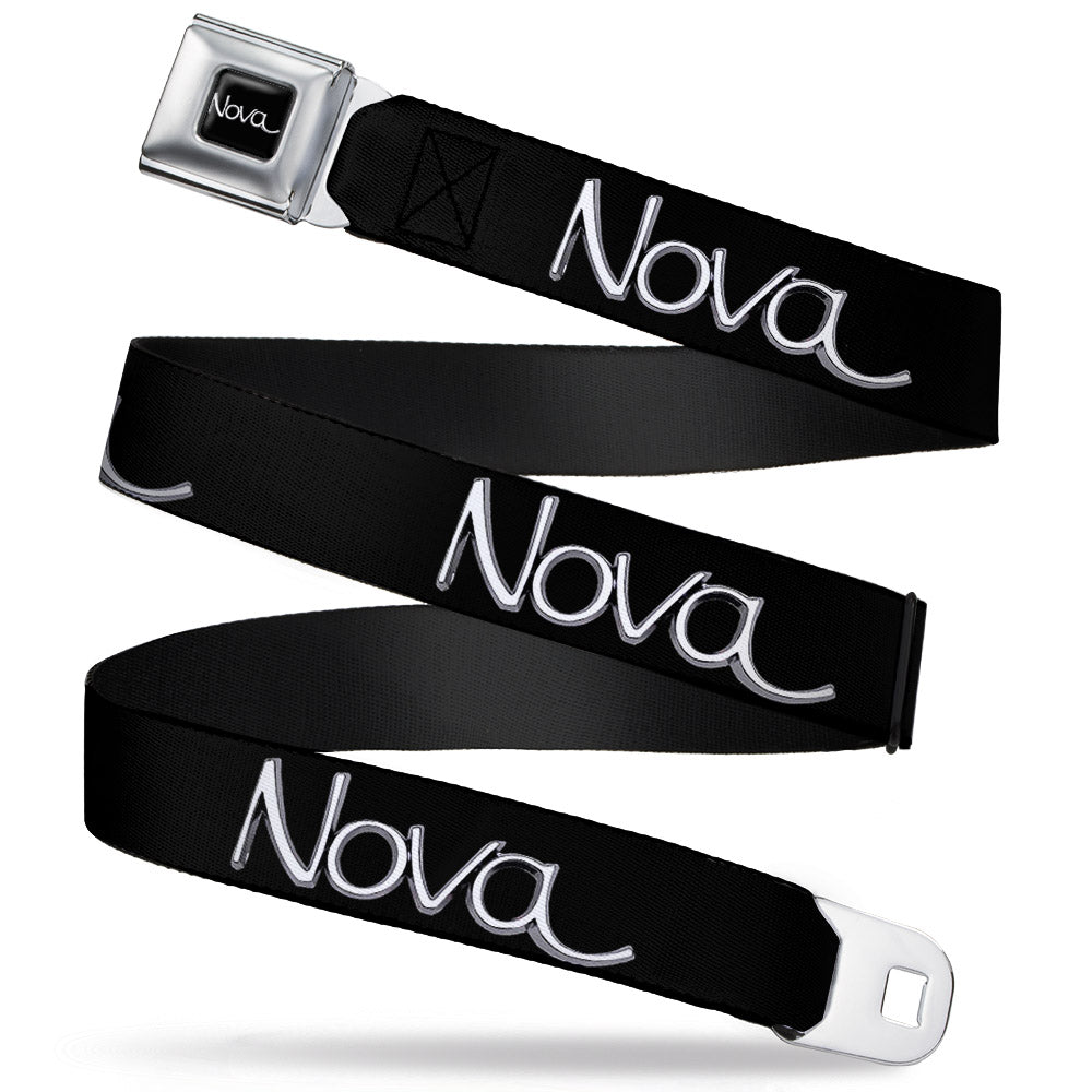 1968-72 NOVA Script Emblem Full Color Black Silver Seatbelt Belt - 1968-72 NOVA Script Emblem Black/Silver Webbing Seatbelt Belts GM General Motors