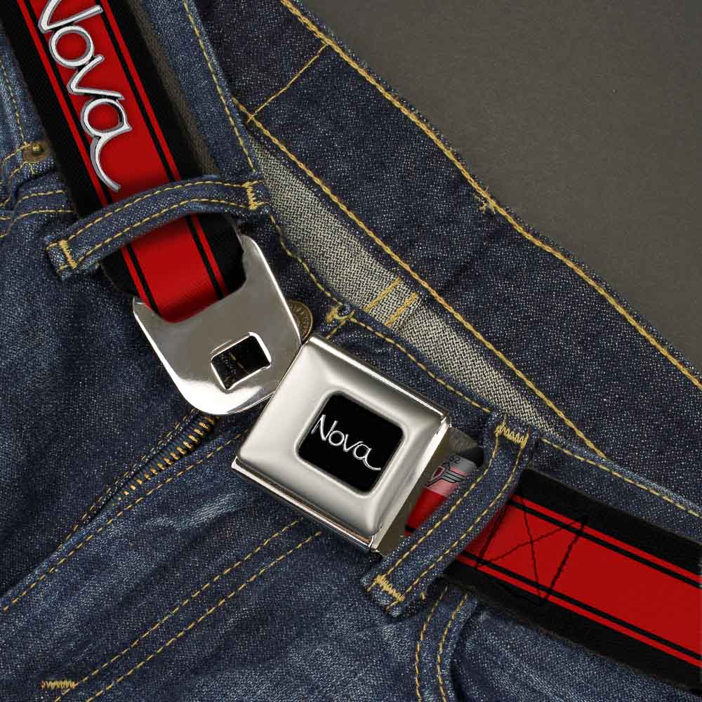 1968-72 NOVA Script Emblem Full Color Black Silver Seatbelt Belt - 1968-72 NOVA Script Emblem/Stripe Black/Red/Silver Webbing Seatbelt Belts GM General Motors