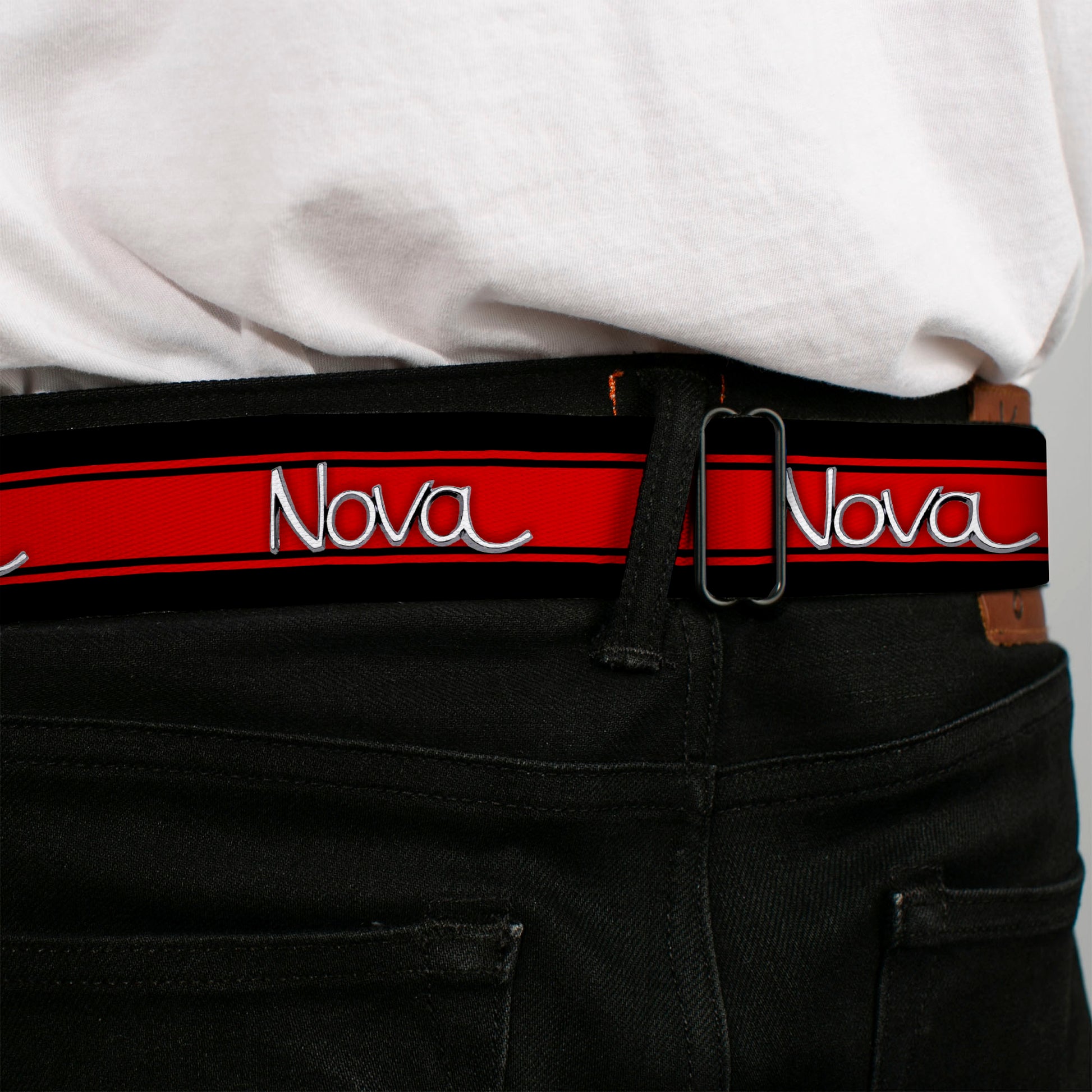 1968-72 NOVA Script Emblem Full Color Black Silver Seatbelt Belt - 1968-72 NOVA Script Emblem/Stripe Black/Red/Silver Webbing Seatbelt Belts GM General Motors