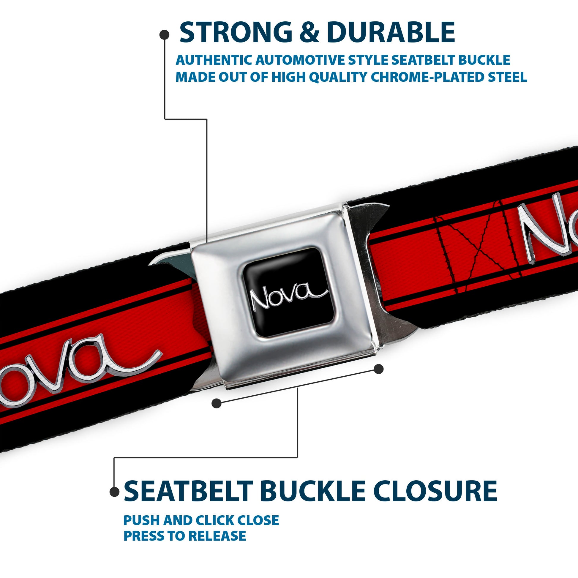 1968-72 NOVA Script Emblem Full Color Black Silver Seatbelt Belt - 1968-72 NOVA Script Emblem/Stripe Black/Red/Silver Webbing Seatbelt Belts GM General Motors