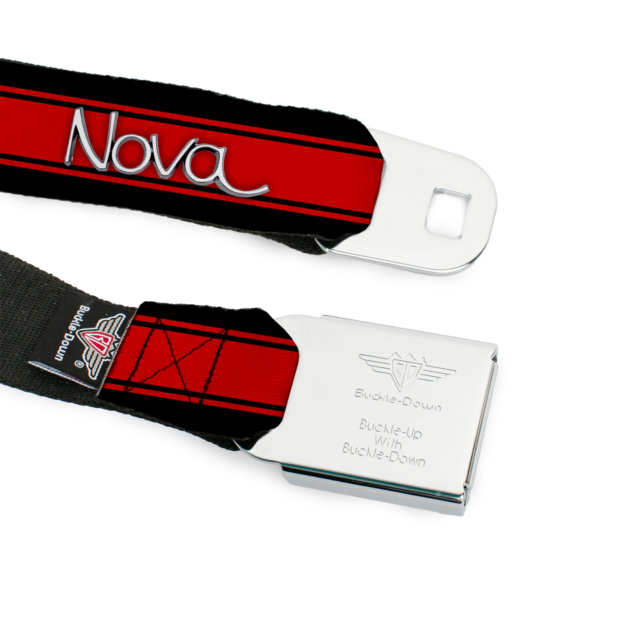 1968-72 NOVA Script Emblem Full Color Black Silver Seatbelt Belt - 1968-72 NOVA Script Emblem/Stripe Black/Red/Silver Webbing Seatbelt Belts GM General Motors