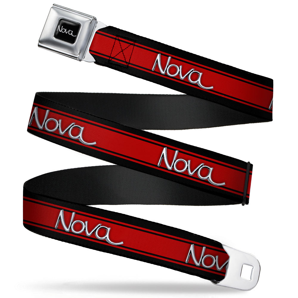 1968-72 NOVA Script Emblem Full Color Black Silver Seatbelt Belt - 1968-72 NOVA Script Emblem/Stripe Black/Red/Silver Webbing Seatbelt Belts GM General Motors
