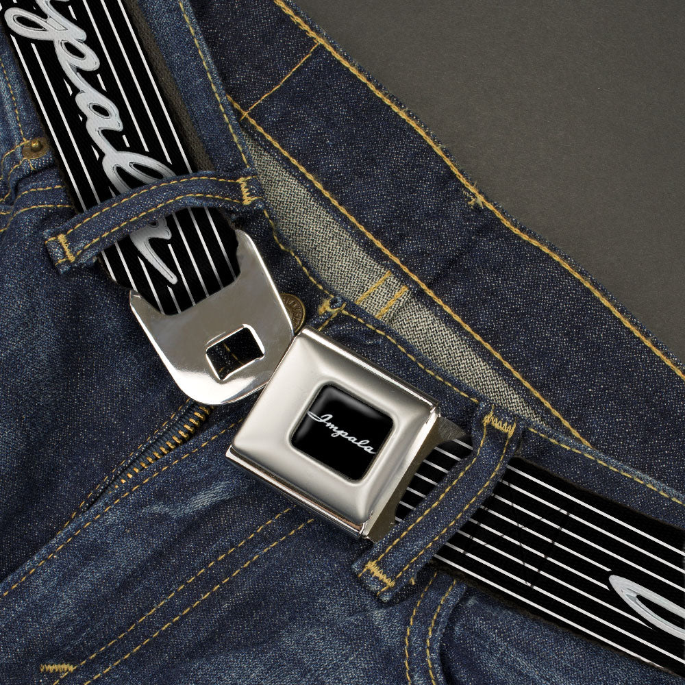 1962 IMPALA Script Emblem Full Color Black Silver Seatbelt Belt - 1962 IMPALA Script Emblem/Stripe Black/White/Silver Webbing Seatbelt Belts GM General Motors