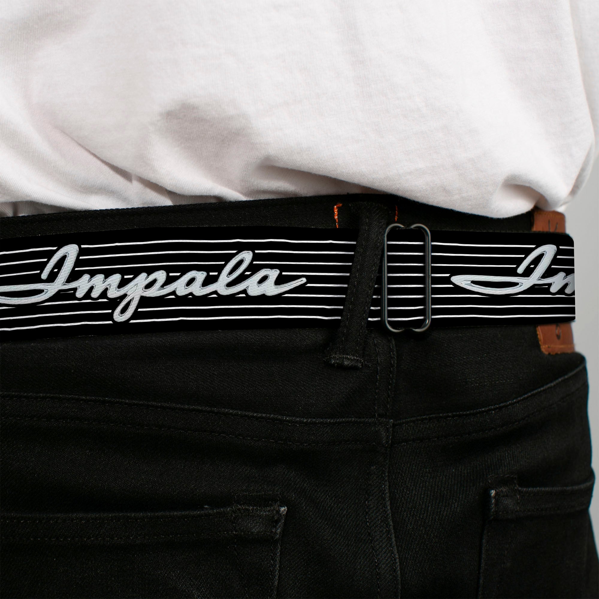 1962 IMPALA Script Emblem Full Color Black Silver Seatbelt Belt - 1962 IMPALA Script Emblem/Stripe Black/White/Silver Webbing Seatbelt Belts GM General Motors