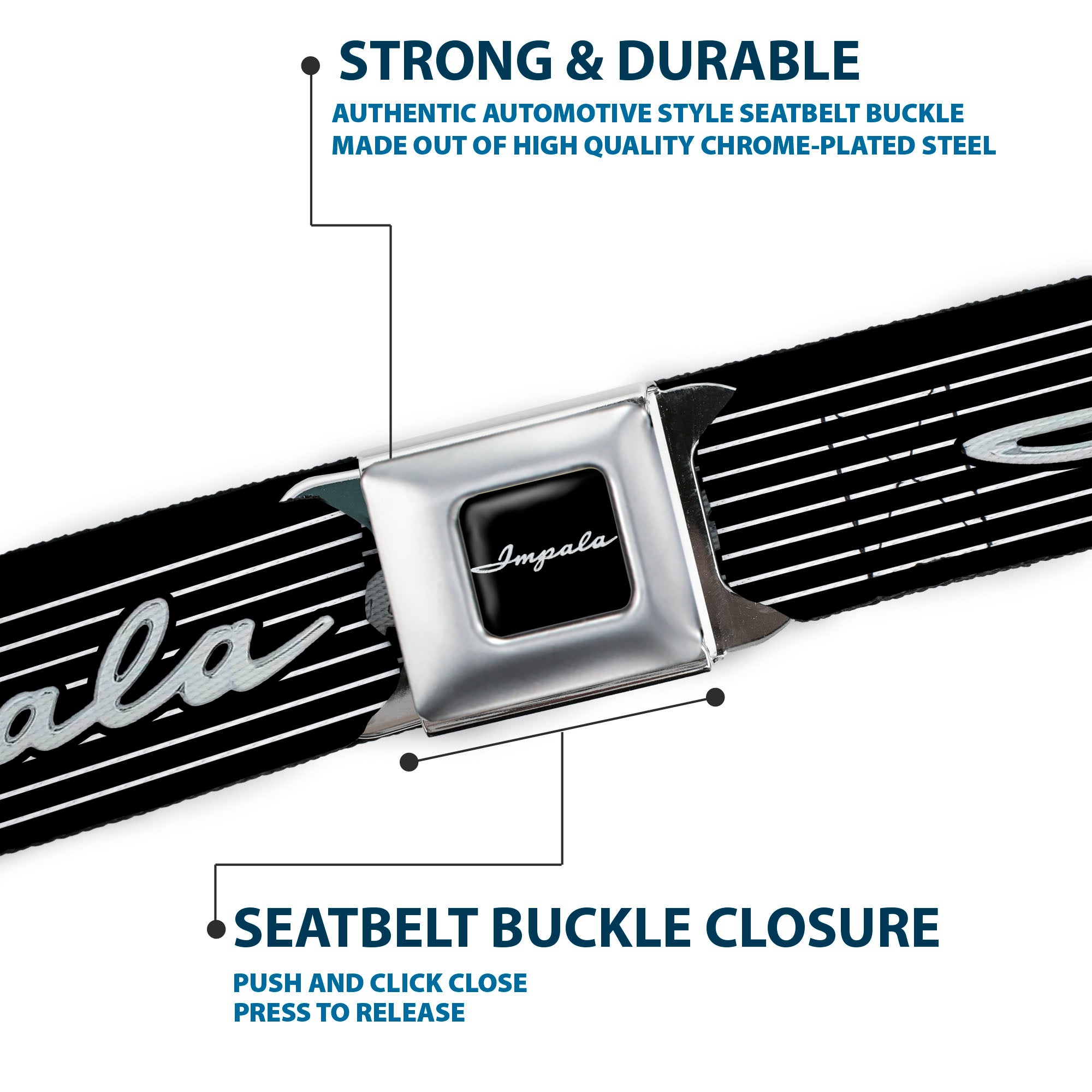 1962 IMPALA Script Emblem Full Color Black Silver Seatbelt Belt - 1962 IMPALA Script Emblem/Stripe Black/White/Silver Webbing Seatbelt Belts GM General Motors