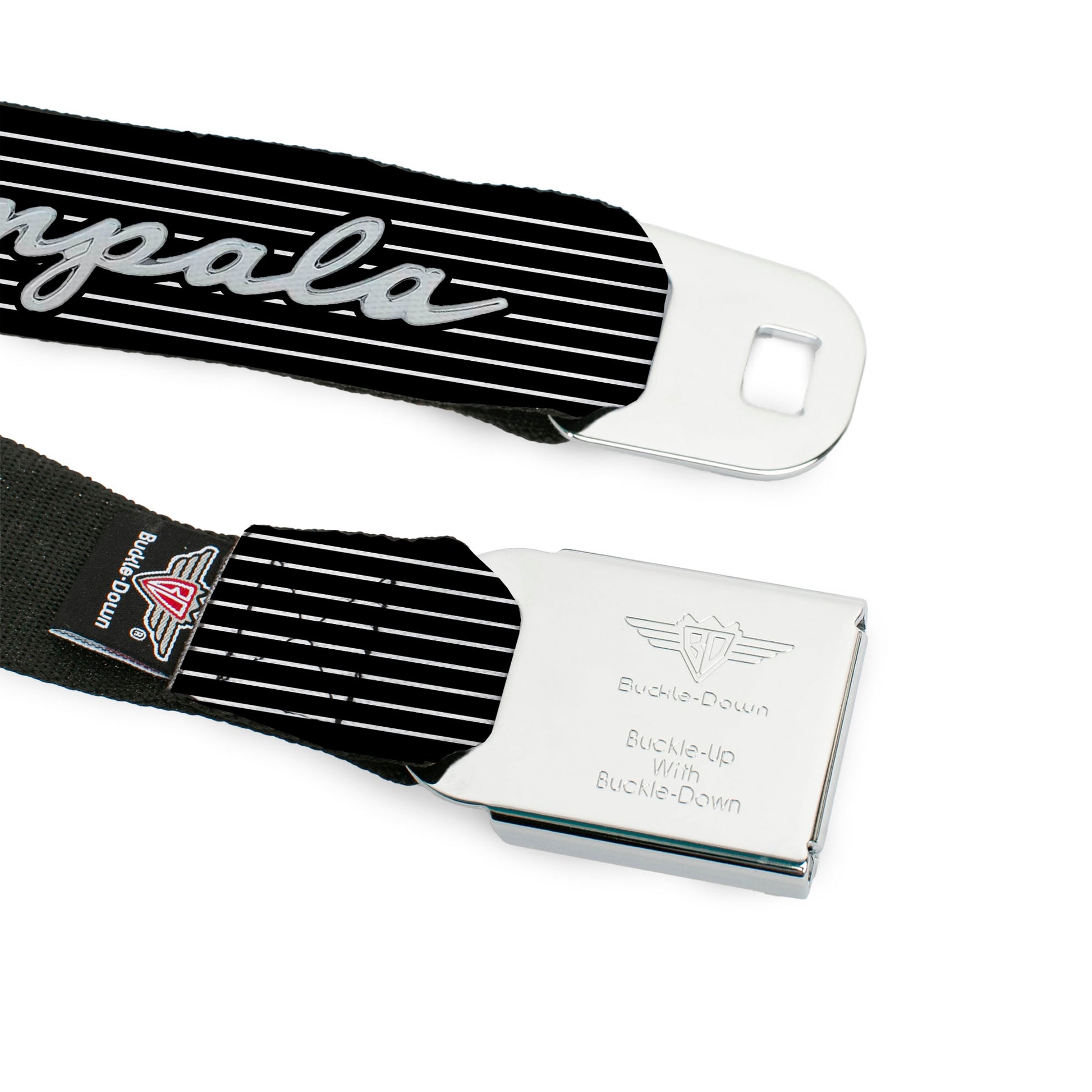 1962 IMPALA Script Emblem Full Color Black Silver Seatbelt Belt - 1962 IMPALA Script Emblem/Stripe Black/White/Silver Webbing Seatbelt Belts GM General Motors