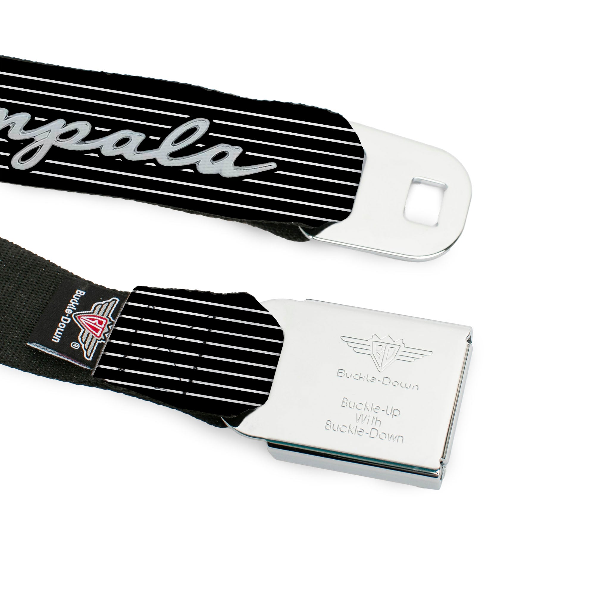 1962 IMPALA Script Emblem Full Color Black Silver Seatbelt Belt - 1962 IMPALA Script Emblem/Stripe Black/White/Silver Webbing Seatbelt Belts GM General Motors