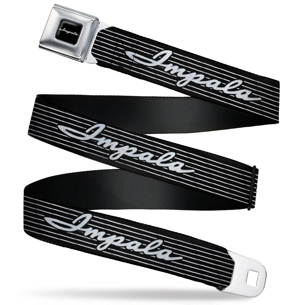 1962 IMPALA Script Emblem Full Color Black Silver Seatbelt Belt - 1962 IMPALA Script Emblem/Stripe Black/White/Silver Webbing Seatbelt Belts GM General Motors