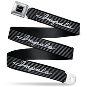 1962 IMPALA Script Emblem Full Color Black Silver Seatbelt Belt - 1962 IMPALA Script Emblem/Stripe Black/White/Silver Webbing Seatbelt Belts GM General Motors