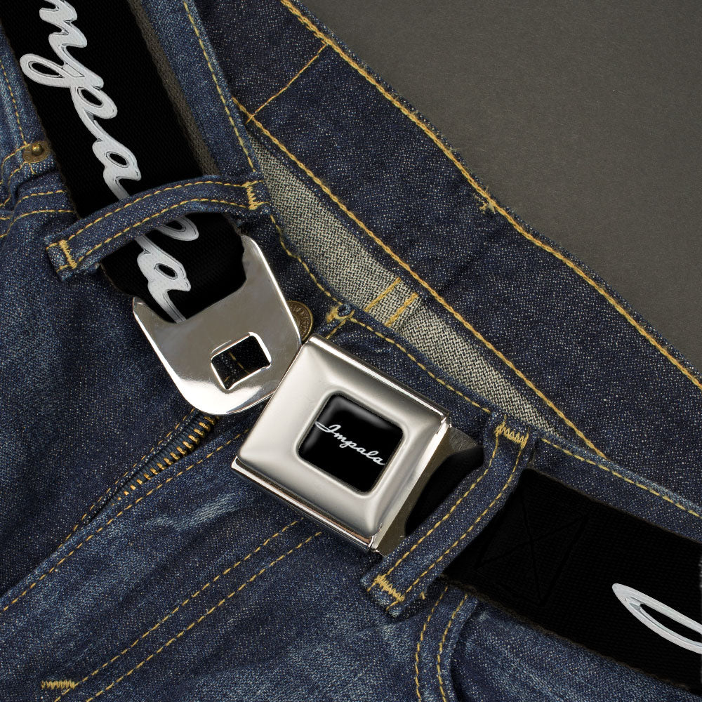 1962 IMPALA Script Emblem Full Color Black Silver Seatbelt Belt - 1962 IMPALA Script Emblem Black/Silver Webbing Seatbelt Belts GM General Motors