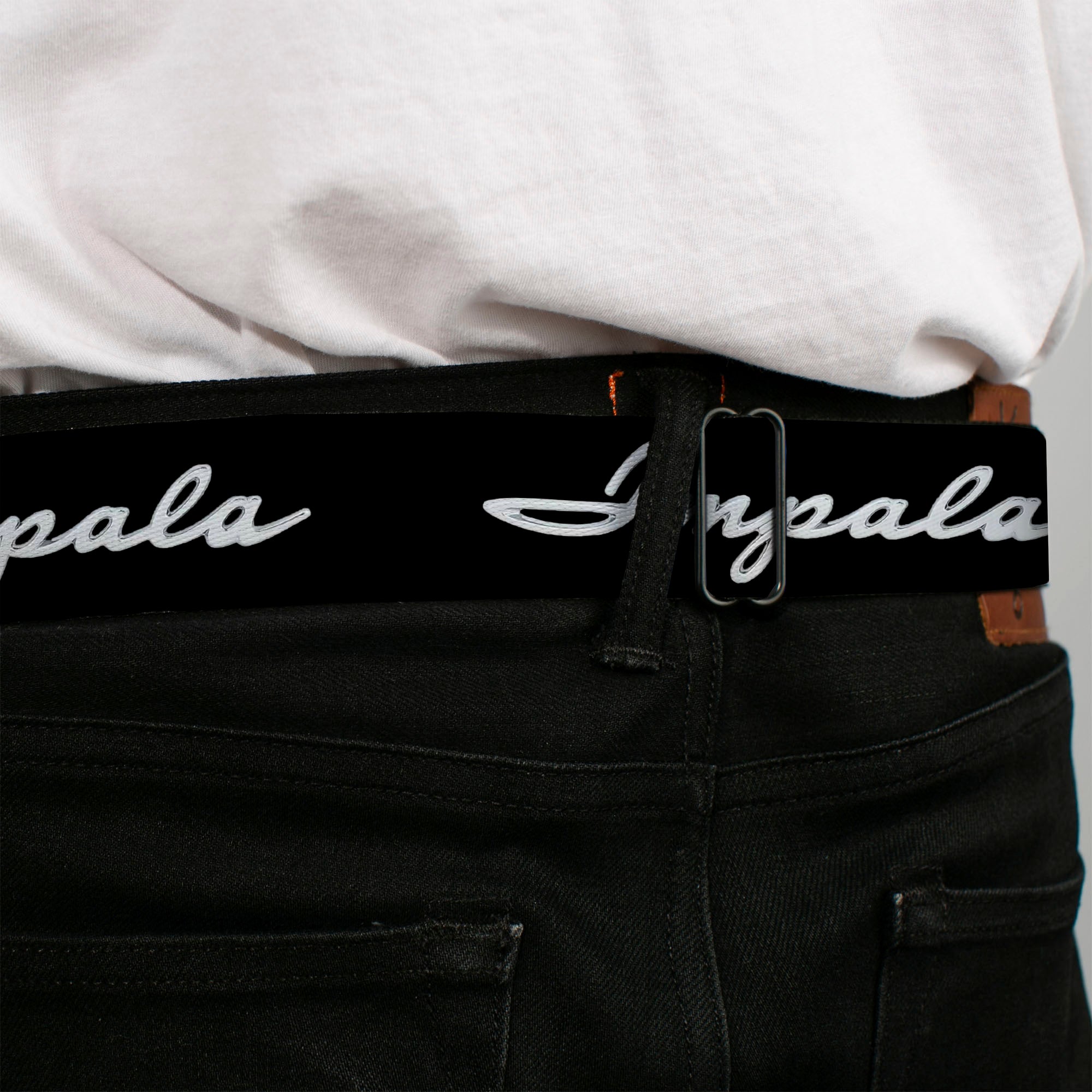 1962 IMPALA Script Emblem Full Color Black Silver Seatbelt Belt - 1962 IMPALA Script Emblem Black/Silver Webbing Seatbelt Belts GM General Motors