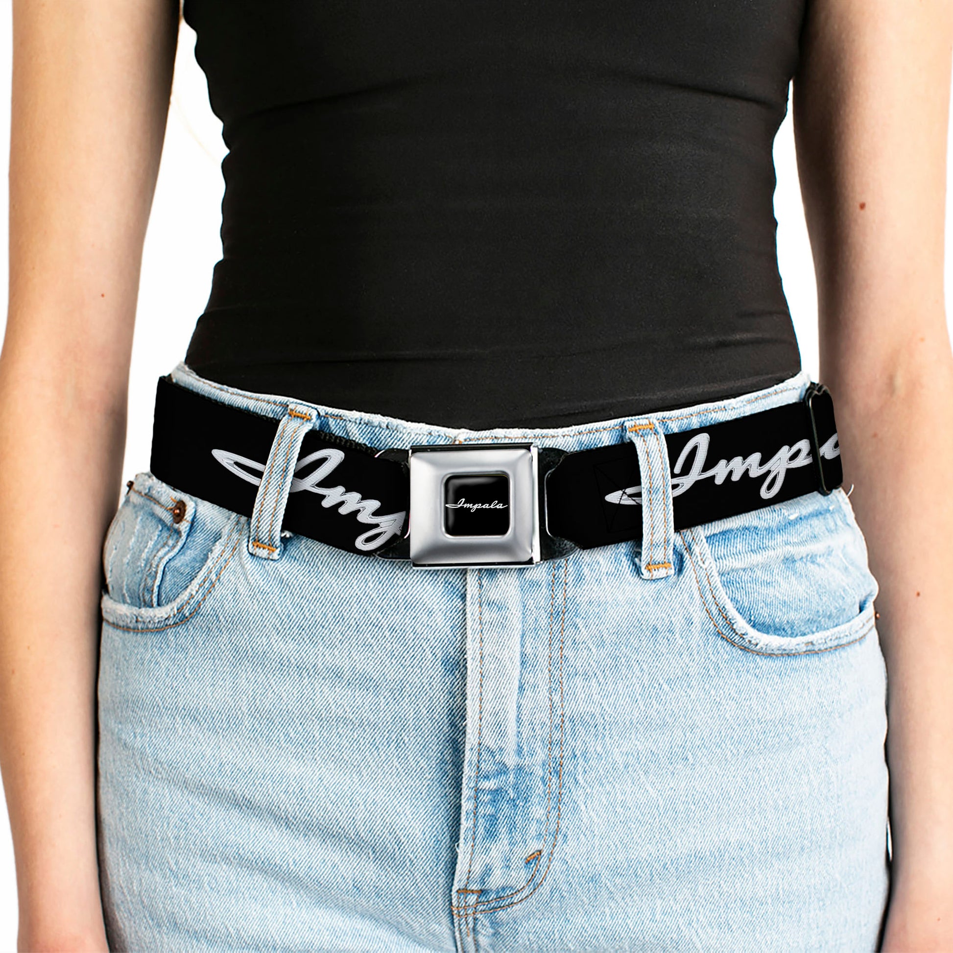 1962 IMPALA Script Emblem Full Color Black Silver Seatbelt Belt - 1962 IMPALA Script Emblem Black/Silver Webbing Seatbelt Belts GM General Motors