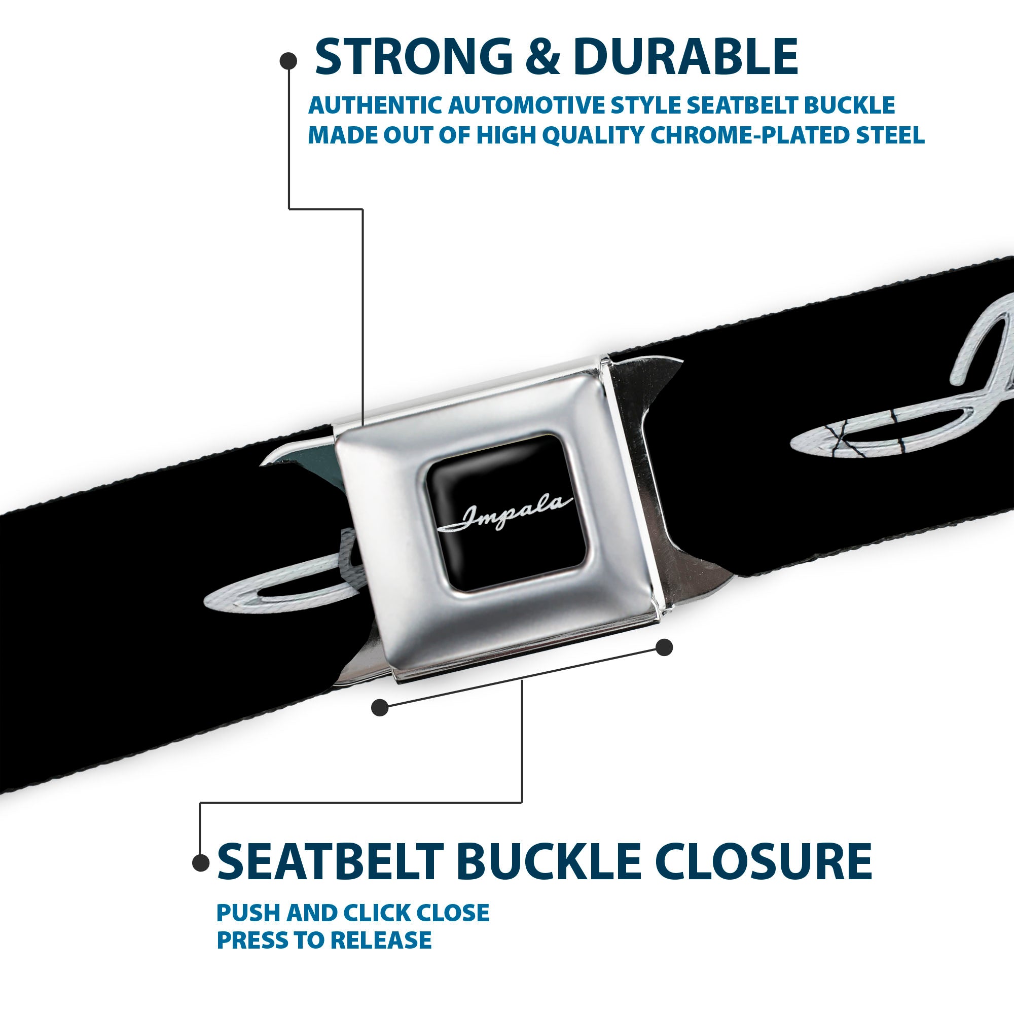 1962 IMPALA Script Emblem Full Color Black Silver Seatbelt Belt - 1962 IMPALA Script Emblem Black/Silver Webbing Seatbelt Belts GM General Motors