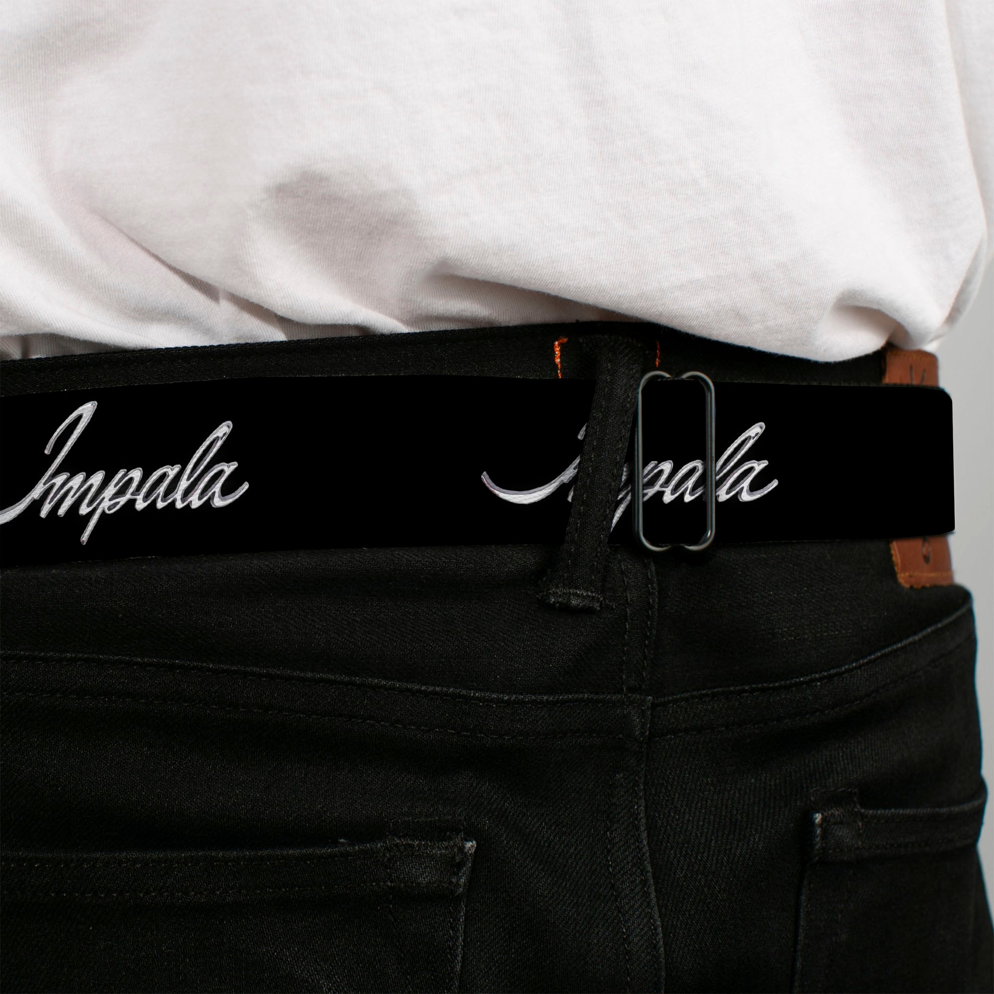 IMPALA Script Emblem Full Color Black Silver Seatbelt Belt - IMPALA Script Emblem Black/Silver Webbing Seatbelt Belts GM General Motors