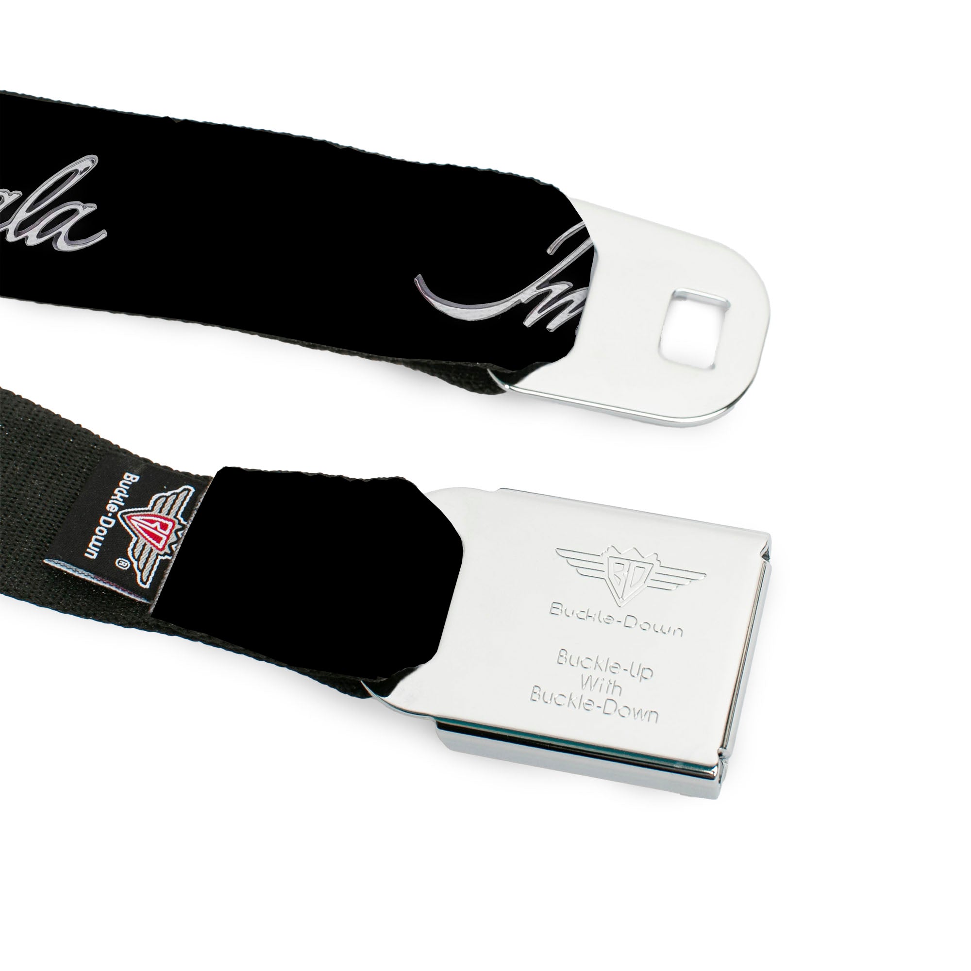 IMPALA Script Emblem Full Color Black Silver Seatbelt Belt - IMPALA Script Emblem Black/Silver Webbing Seatbelt Belts GM General Motors