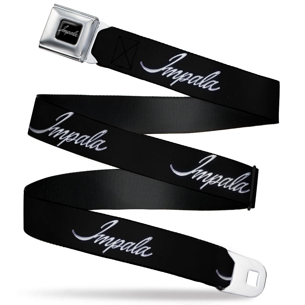 IMPALA Script Emblem Full Color Black Silver Seatbelt Belt - IMPALA Script Emblem Black/Silver Webbing Seatbelt Belts GM General Motors