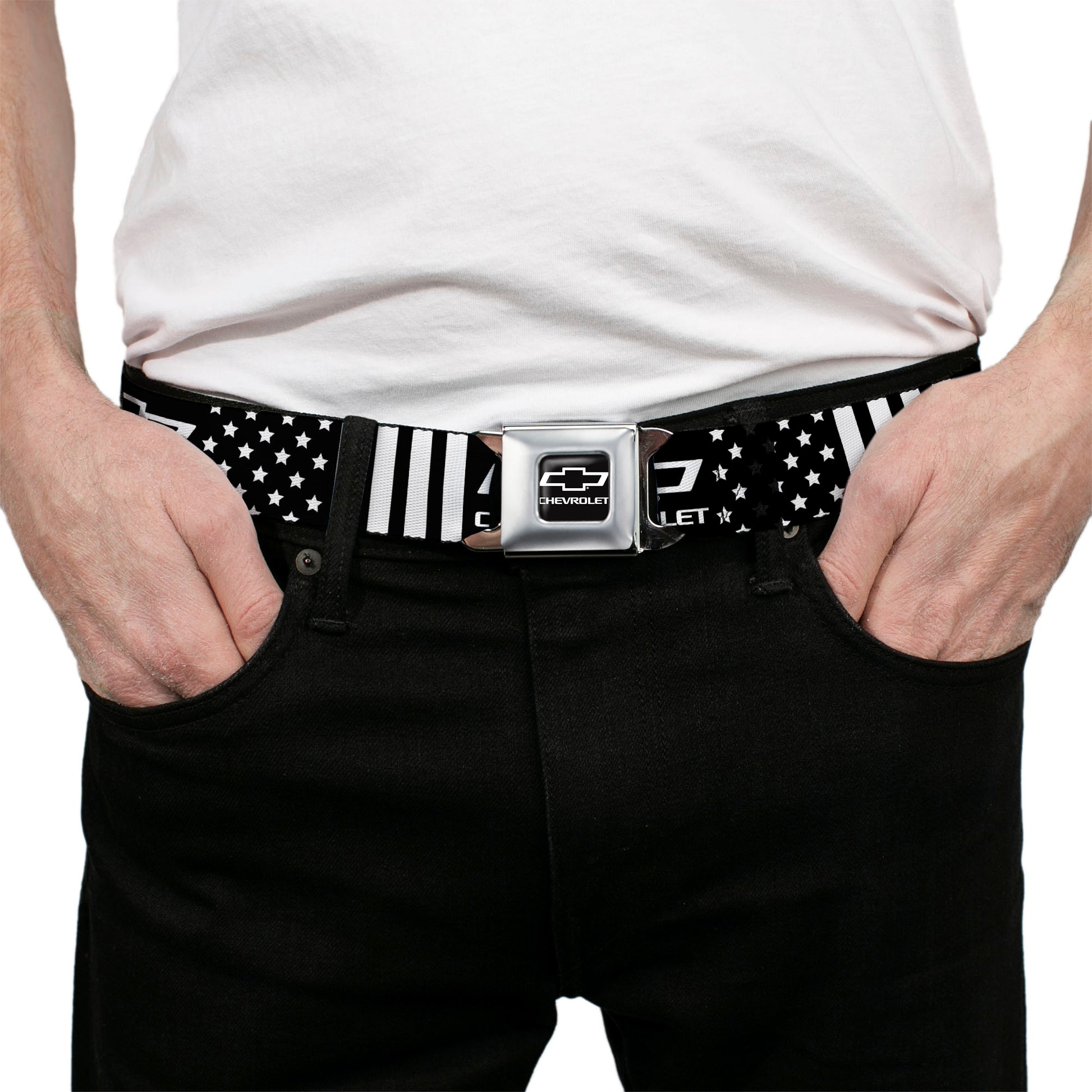 Chevy Bowtie Full Color Black/White Seatbelt Belt - CHEVROLET Bowtie Americana Stars and Stripes Black/White Webbing Seatbelt Belts GM General Motors