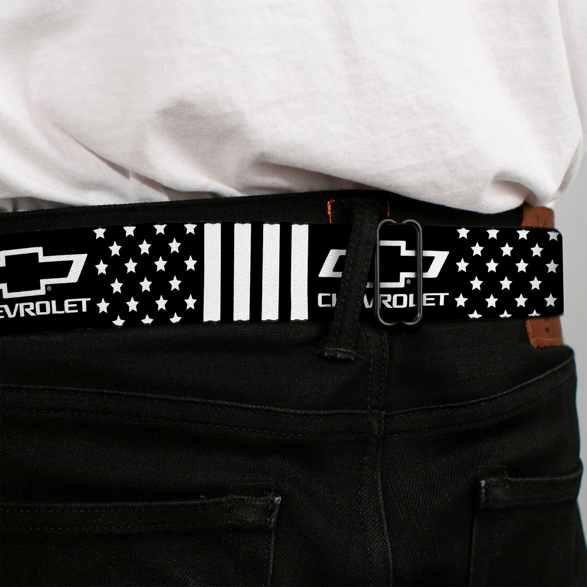 Chevy Bowtie Full Color Black/White Seatbelt Belt - CHEVROLET Bowtie Americana Stars and Stripes Black/White Webbing Seatbelt Belts GM General Motors