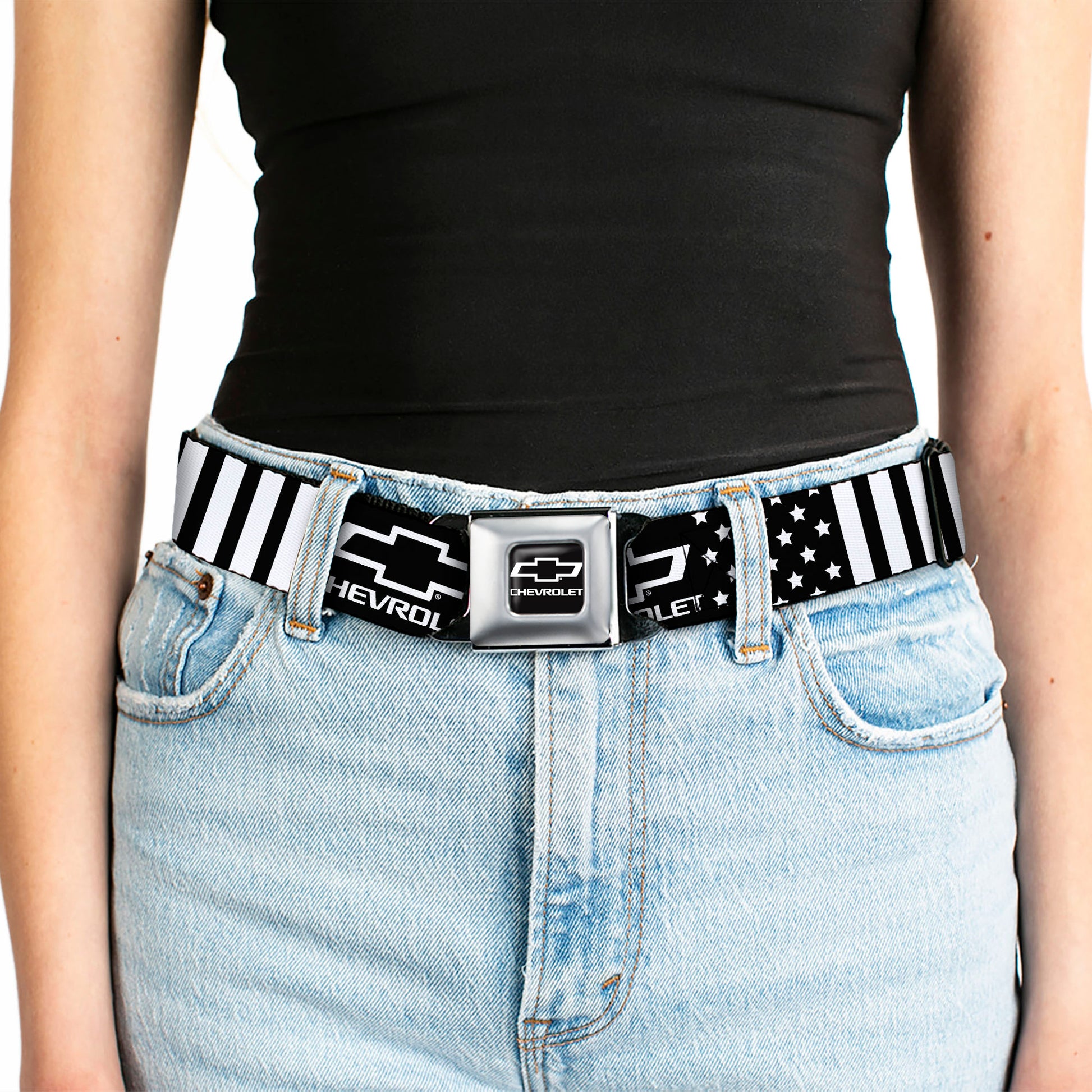 Chevy Bowtie Full Color Black/White Seatbelt Belt - CHEVROLET Bowtie Americana Stars and Stripes Black/White Webbing Seatbelt Belts GM General Motors