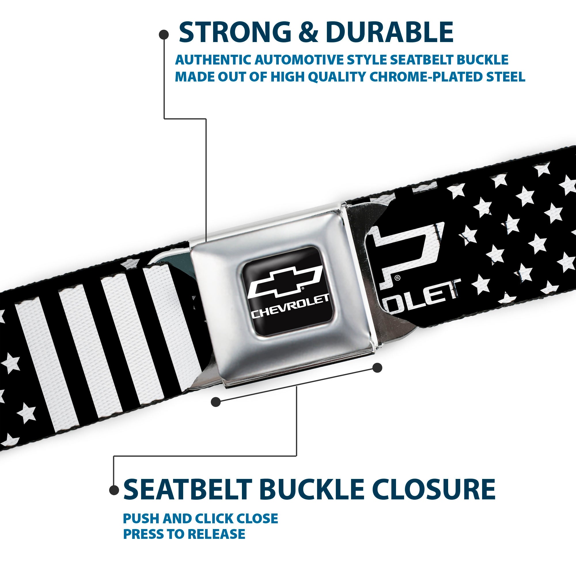 Chevy Bowtie Full Color Black/White Seatbelt Belt - CHEVROLET Bowtie Americana Stars and Stripes Black/White Webbing Seatbelt Belts GM General Motors