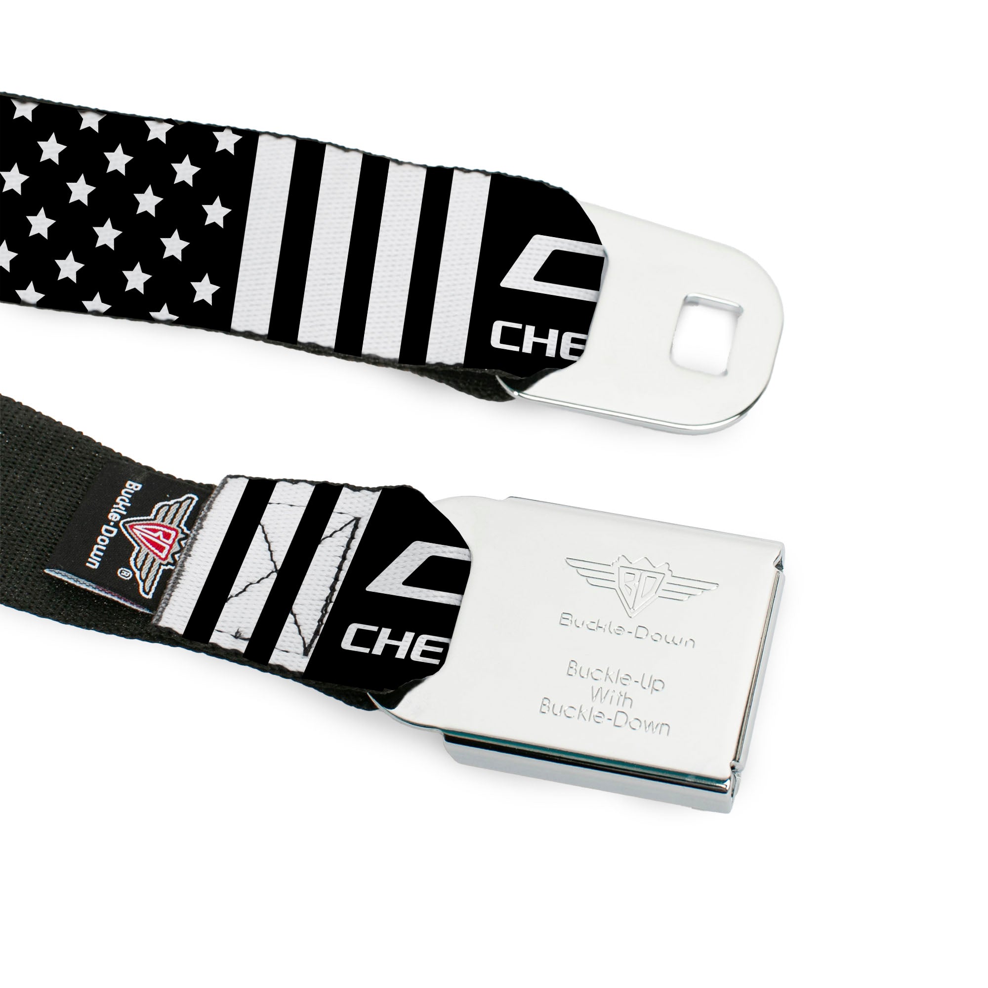 Chevy Bowtie Full Color Black/White Seatbelt Belt - CHEVROLET Bowtie Americana Stars and Stripes Black/White Webbing Seatbelt Belts GM General Motors