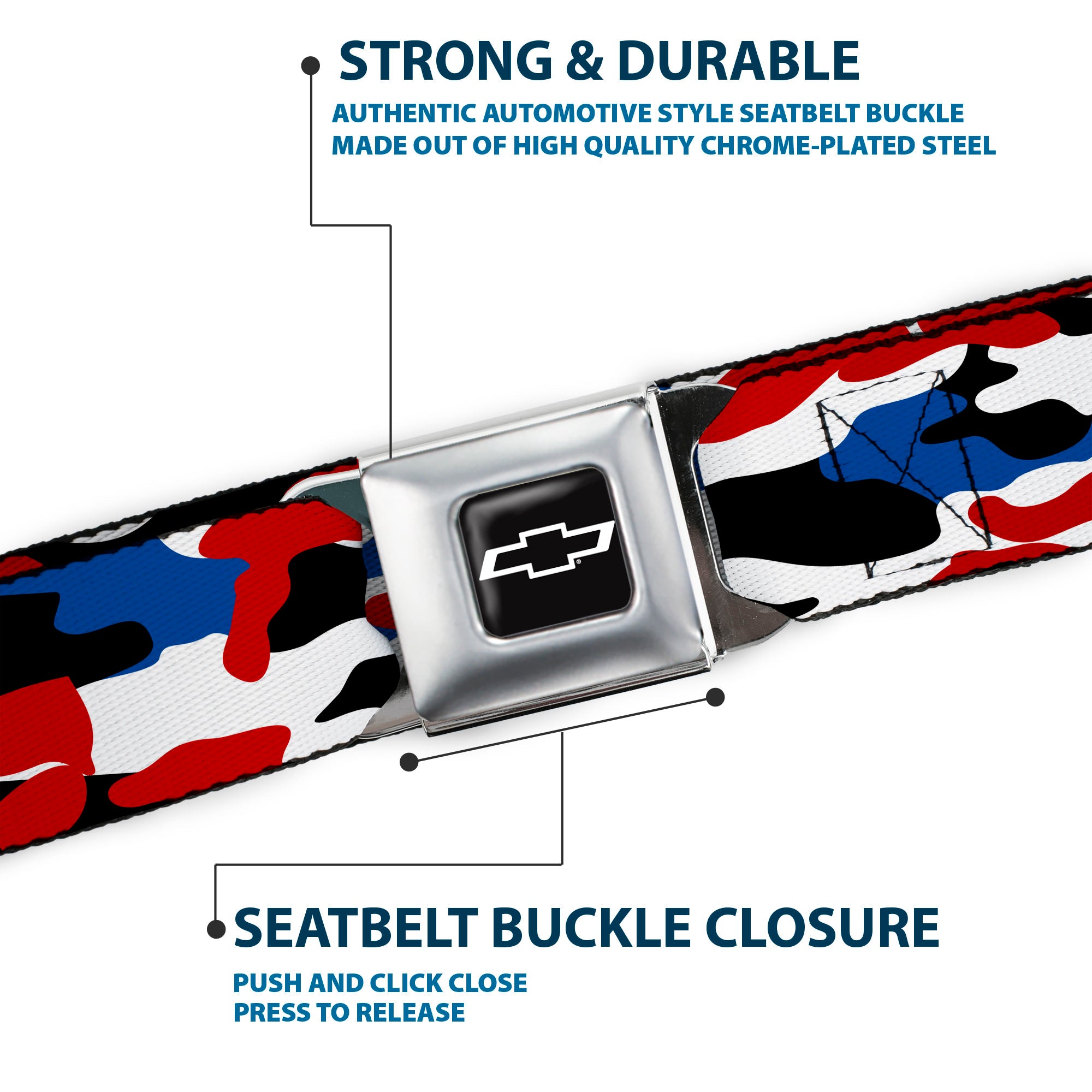 Chevy Bowtie Full Color Black/White Seatbelt Belt - Chevy Americana Camo Red/White/Blue/Black Webbing Seatbelt Belts GM General Motors