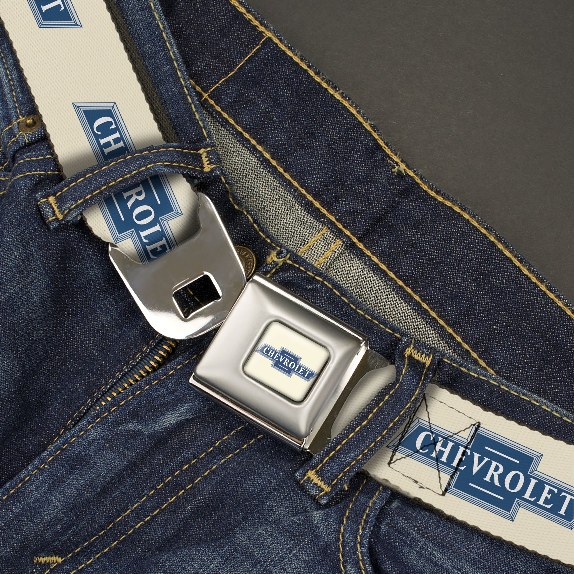 CHEVROLET 1940 Bowtie Text Logo Full Color White/Blues Seatbelt Belt - CHEVROLET 1940 Bowtie Text Logo White/Blues Webbing Seatbelt Belts GM General Motors