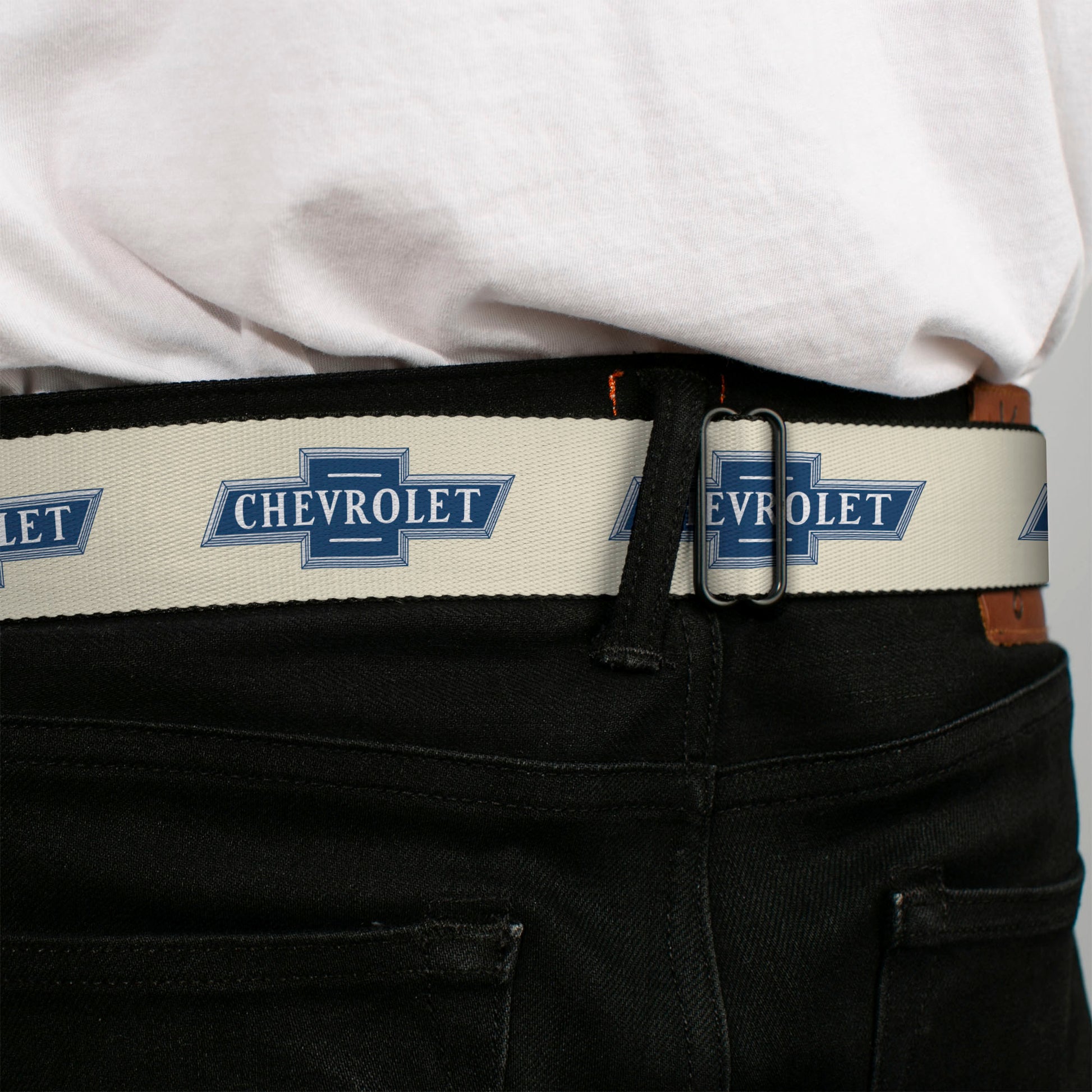 CHEVROLET 1940 Bowtie Text Logo Full Color White/Blues Seatbelt Belt - CHEVROLET 1940 Bowtie Text Logo White/Blues Webbing Seatbelt Belts GM General Motors