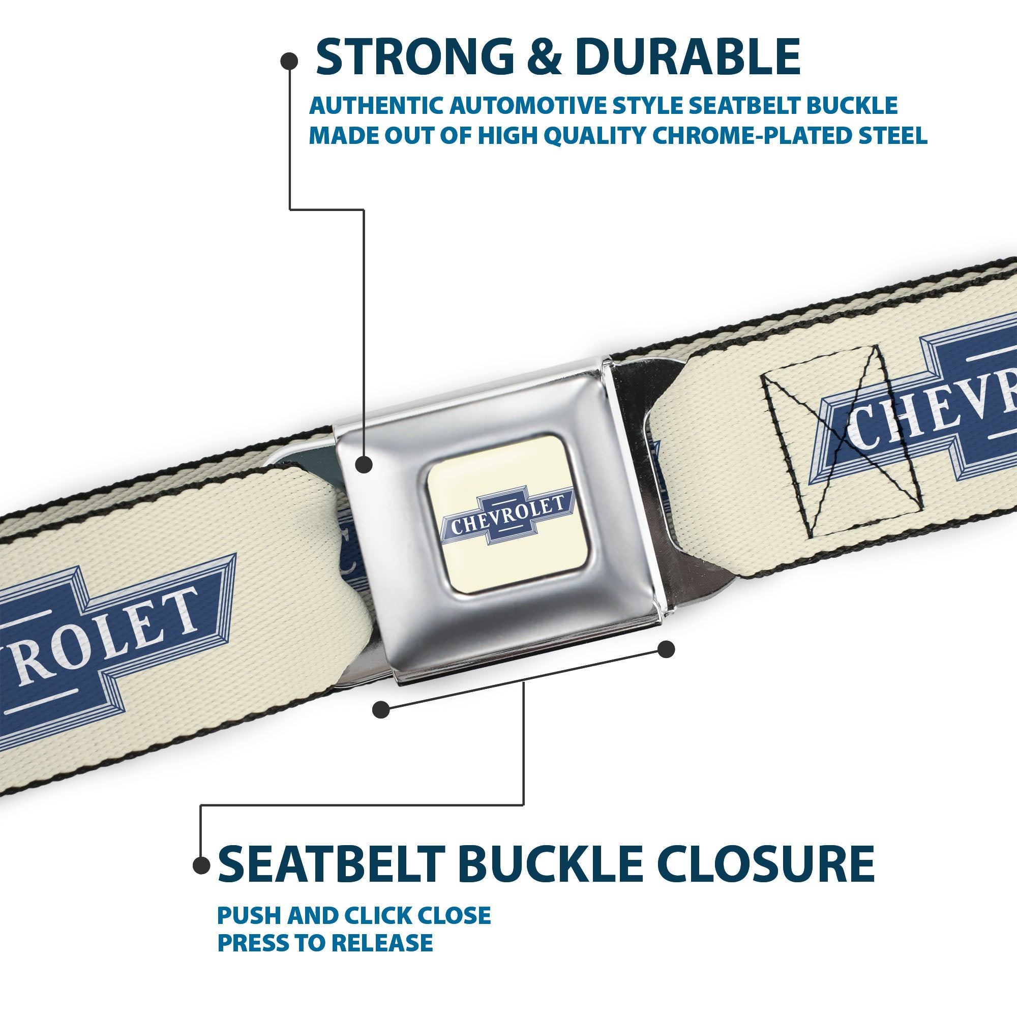CHEVROLET 1940 Bowtie Text Logo Full Color White/Blues Seatbelt Belt - CHEVROLET 1940 Bowtie Text Logo White/Blues Webbing Seatbelt Belts GM General Motors