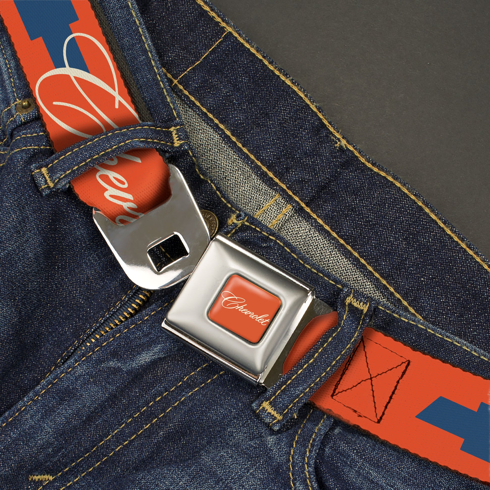 CHEVROLET Script Full Color Orange/White/Blue Seatbelt Belt - CHEVROLET Script and Bowtie Orange/White/Blue Webbing Seatbelt Belts GM General Motors