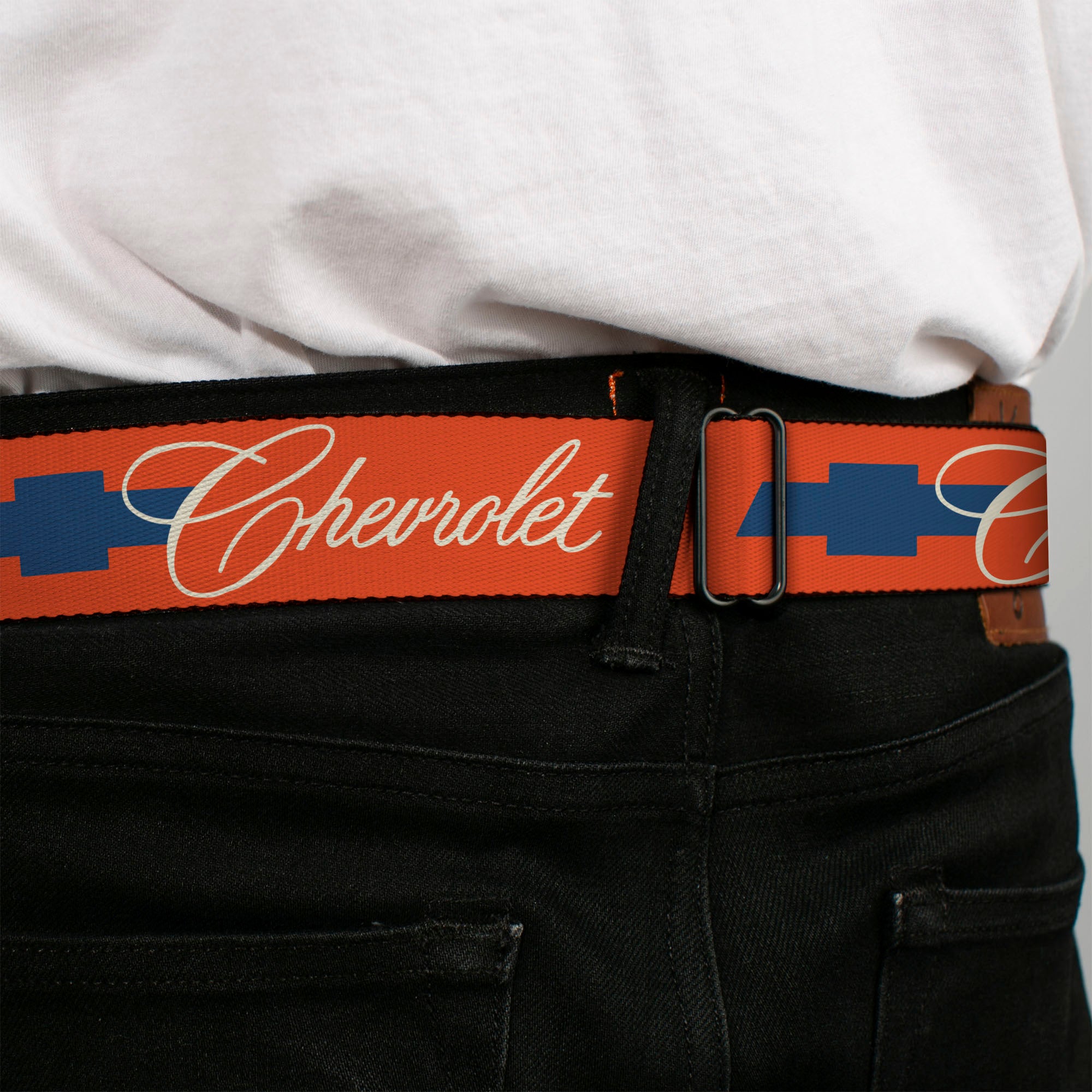 CHEVROLET Script Full Color Orange/White/Blue Seatbelt Belt - CHEVROLET Script and Bowtie Orange/White/Blue Webbing Seatbelt Belts GM General Motors