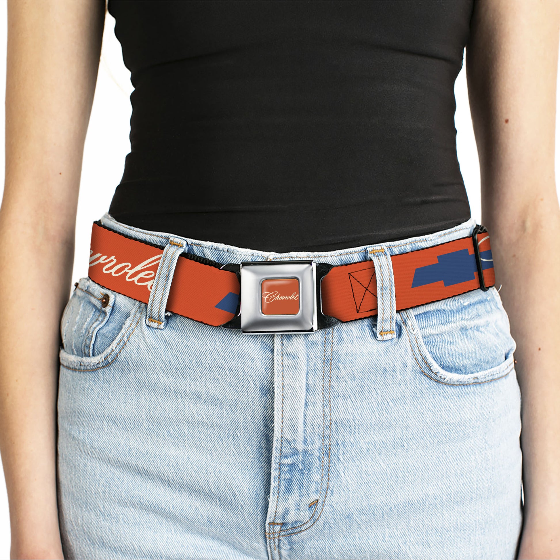 CHEVROLET Script Full Color Orange/White/Blue Seatbelt Belt - CHEVROLET Script and Bowtie Orange/White/Blue Webbing Seatbelt Belts GM General Motors