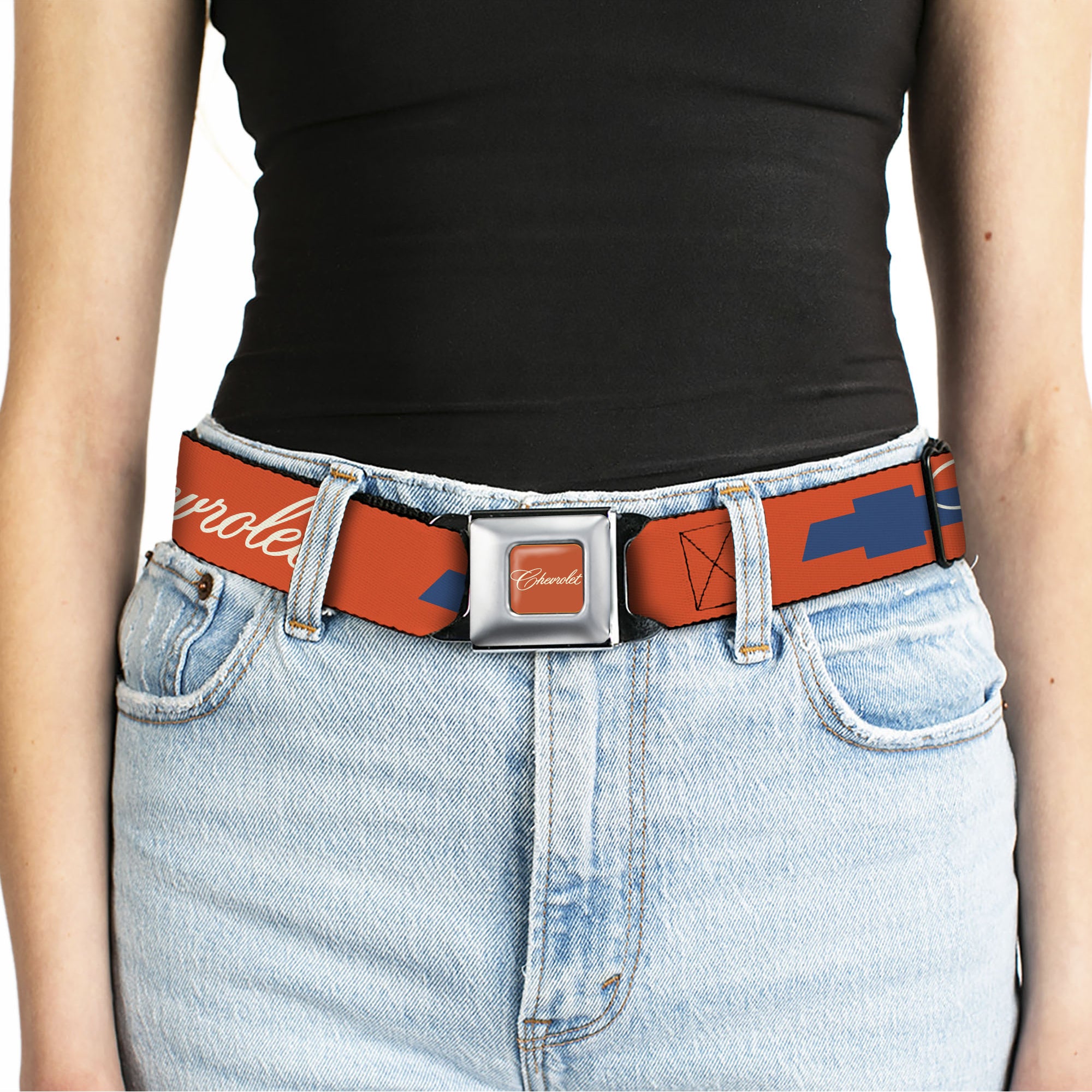 CHEVROLET Script Full Color Orange/White/Blue Seatbelt Belt - CHEVROLET Script and Bowtie Orange/White/Blue Webbing Seatbelt Belts GM General Motors