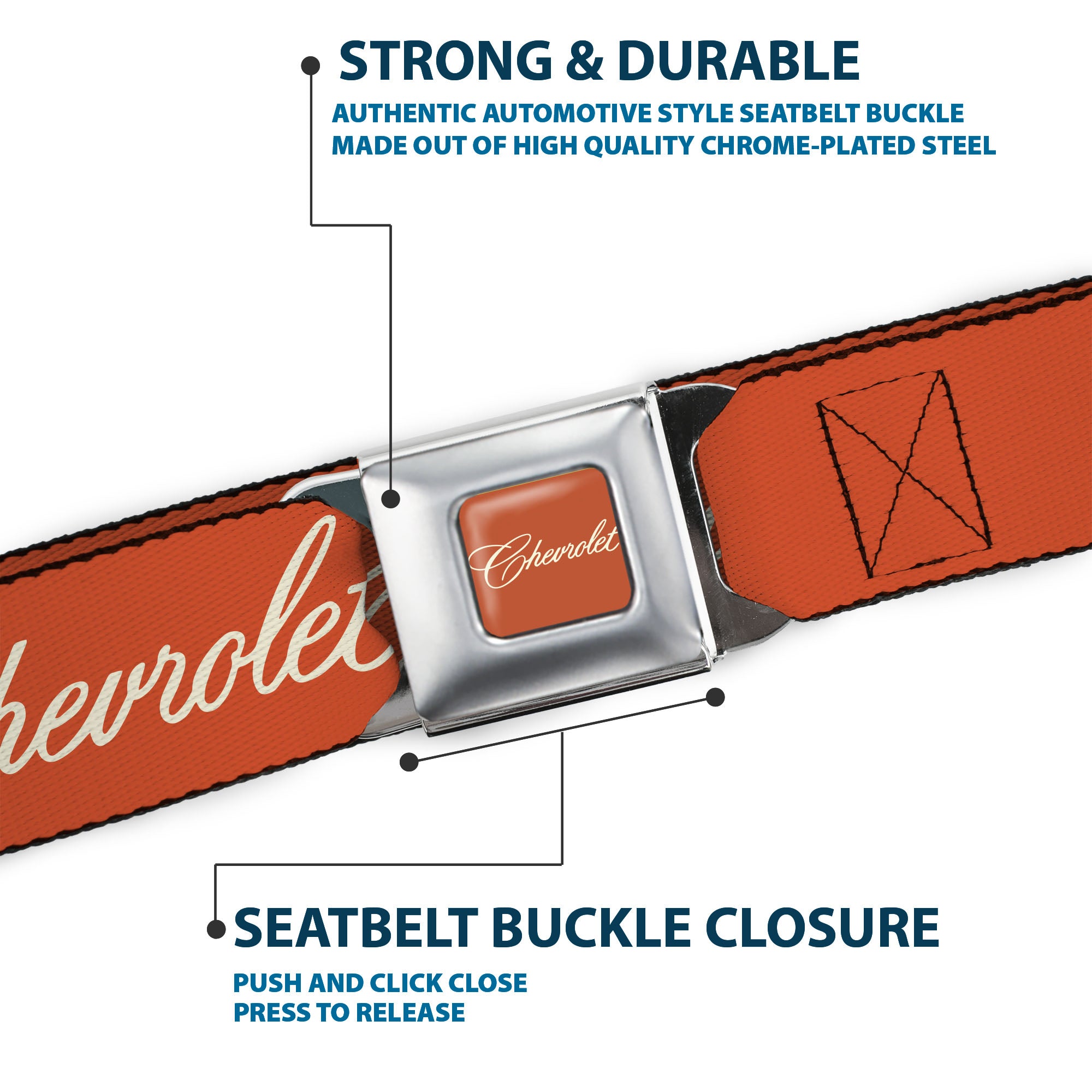 CHEVROLET Script Full Color Orange/White/Blue Seatbelt Belt - CHEVROLET Script and Bowtie Orange/White/Blue Webbing Seatbelt Belts GM General Motors