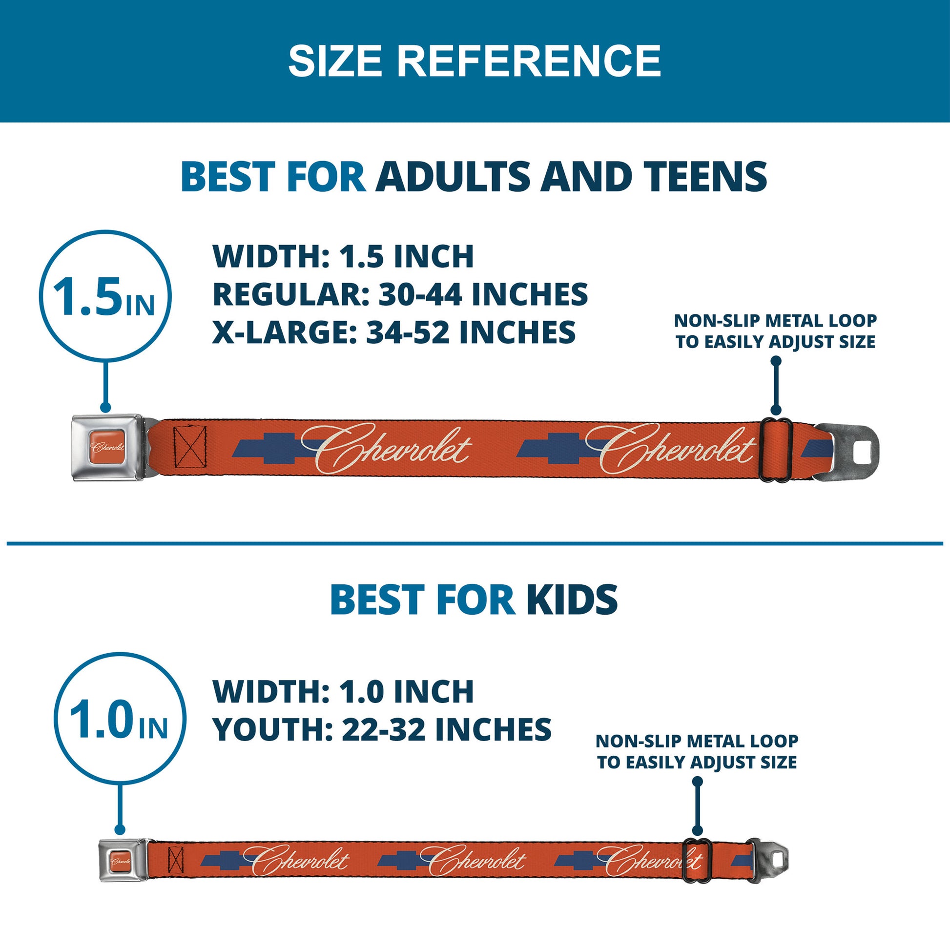 CHEVROLET Script Full Color Orange/White/Blue Seatbelt Belt - CHEVROLET Script and Bowtie Orange/White/Blue Webbing Seatbelt Belts GM General Motors