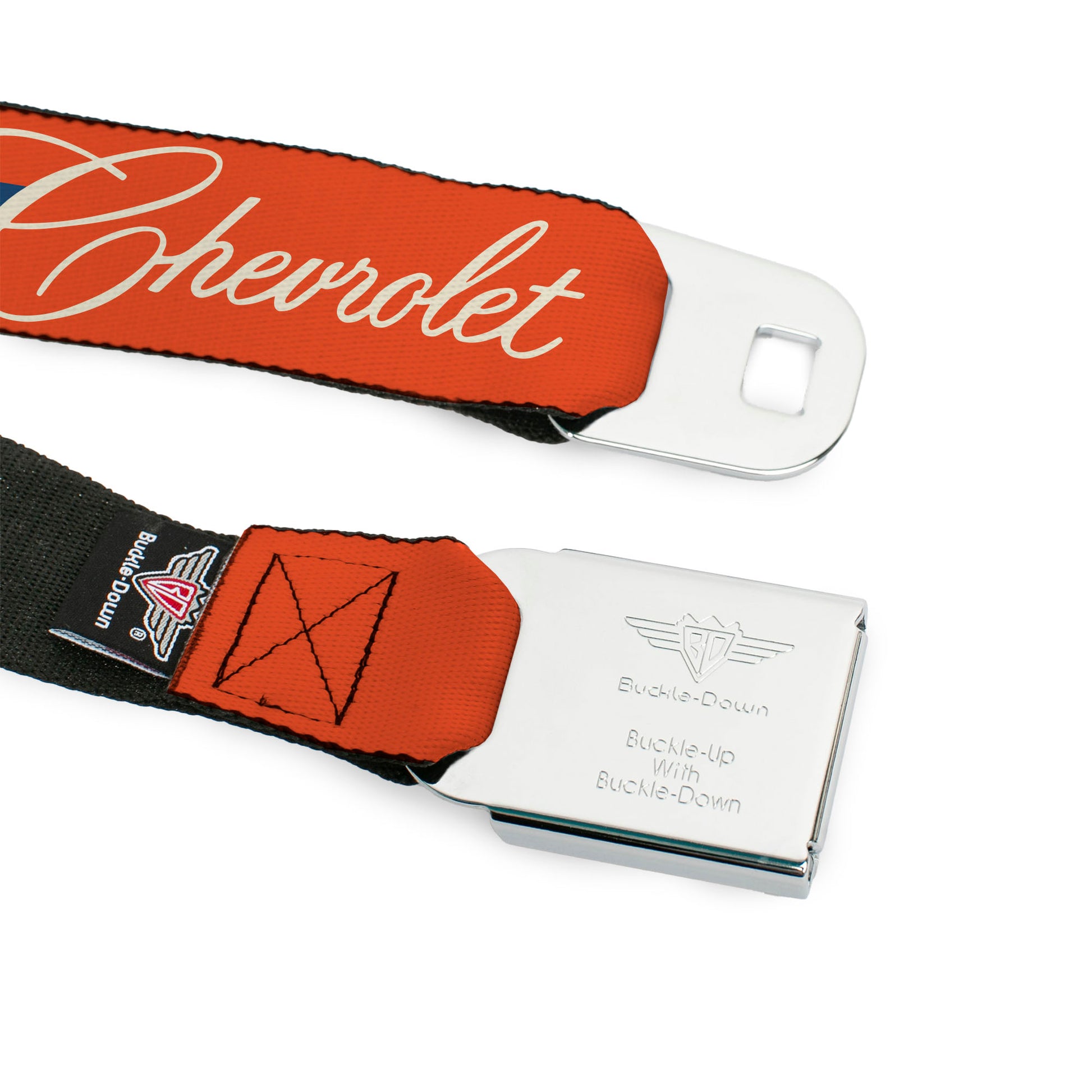 CHEVROLET Script Full Color Orange/White/Blue Seatbelt Belt - CHEVROLET Script and Bowtie Orange/White/Blue Webbing Seatbelt Belts GM General Motors