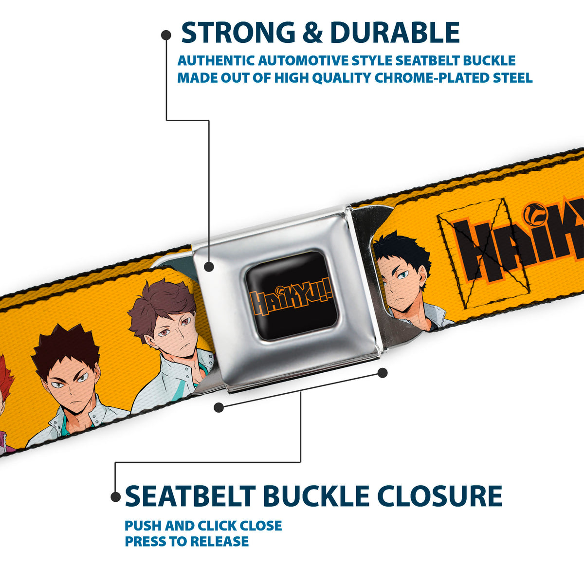 HAIKYU Title Logo Full Color Black/Orange Seatbelt Belt - HAIKYU Player Characters and Title Logo Yellow Webbing Seatbelt Belts Haikyu!!