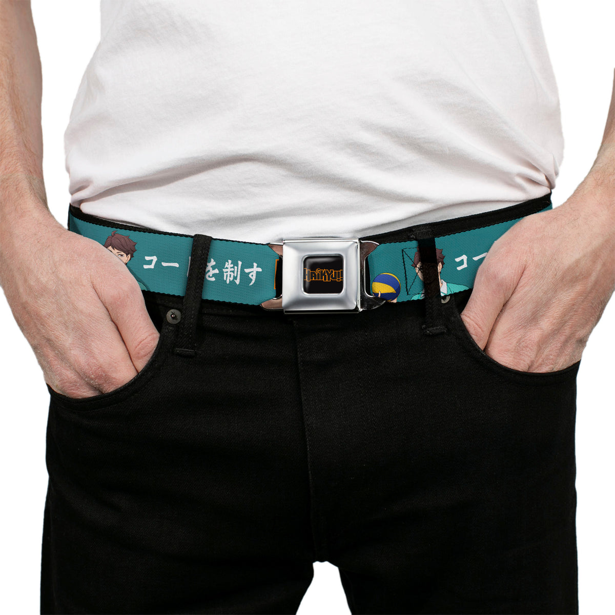 HAIKYU Title Logo Full Color Black/Orange Seatbelt Belt - HAIKYU Iwaizumi and Oikawa Control the Court Pose and Title Logo Blue Webbing Seatbelt Belts Haikyu!!