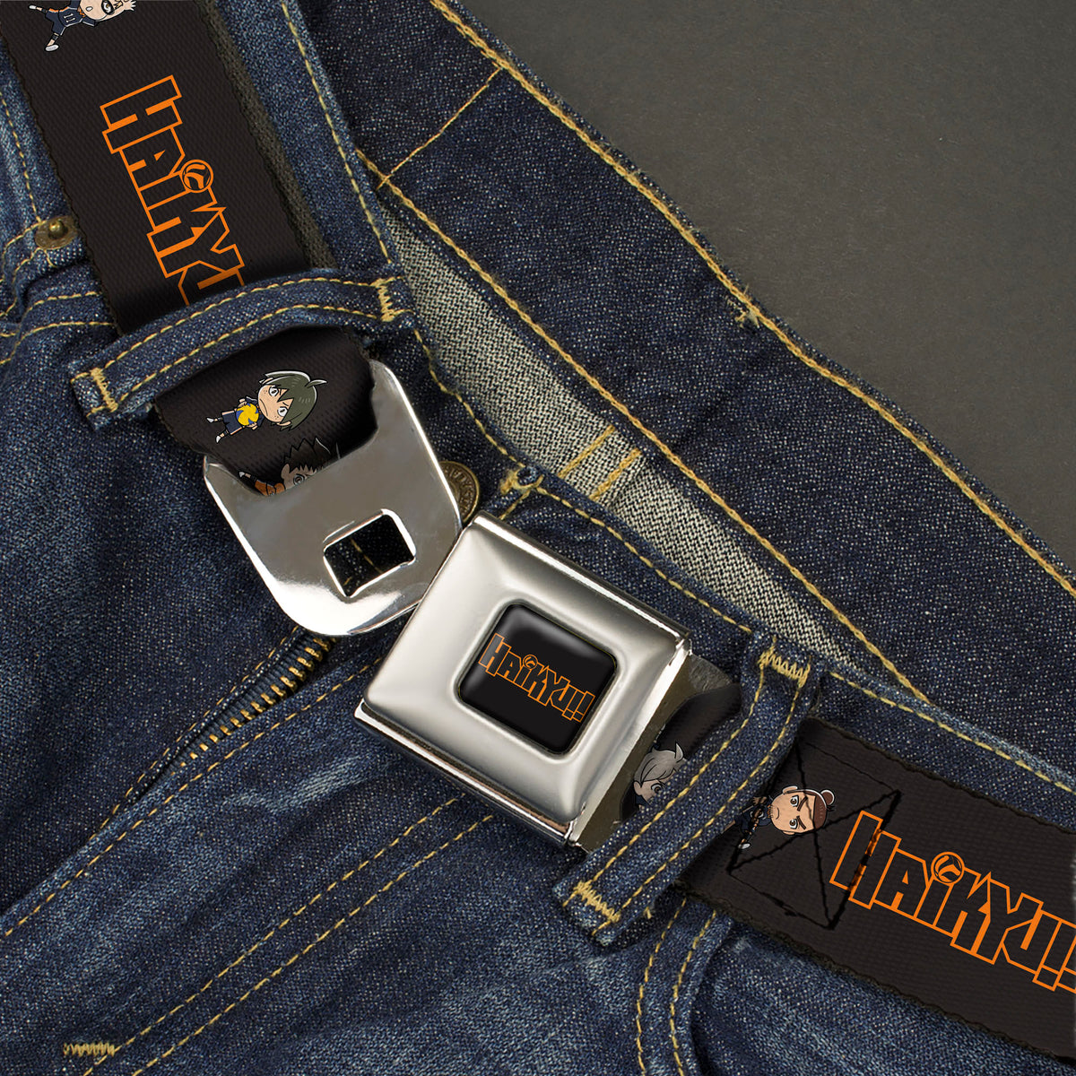 HAIKYU Title Logo Full Color Black/Orange Seatbelt Belt - HAIKYU Title Logo Chibi Karasuno High Player Pose Black Webbing Seatbelt Belts Haikyu!!