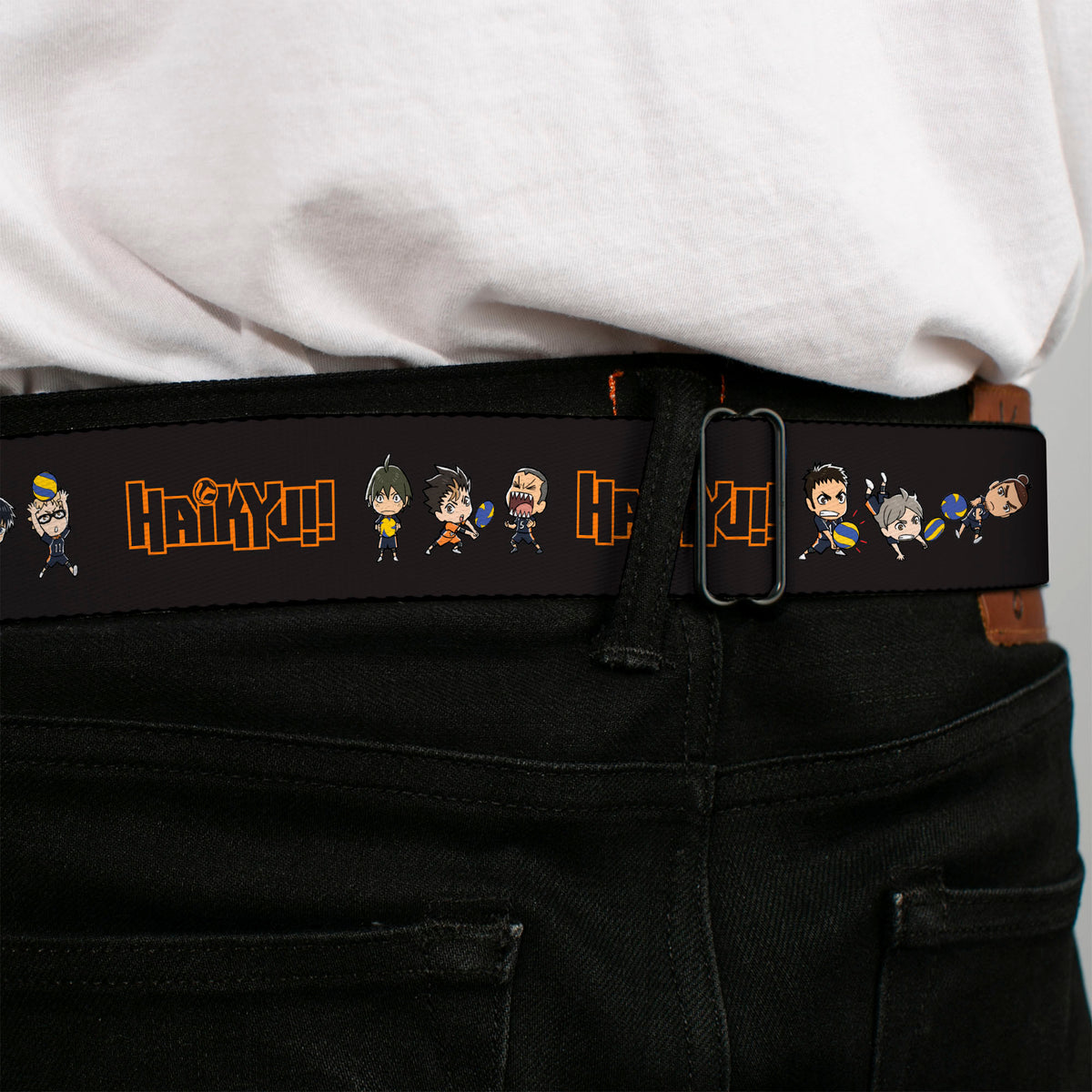 HAIKYU Title Logo Full Color Black/Orange Seatbelt Belt - HAIKYU Title Logo Chibi Karasuno High Player Pose Black Webbing Seatbelt Belts Haikyu!!