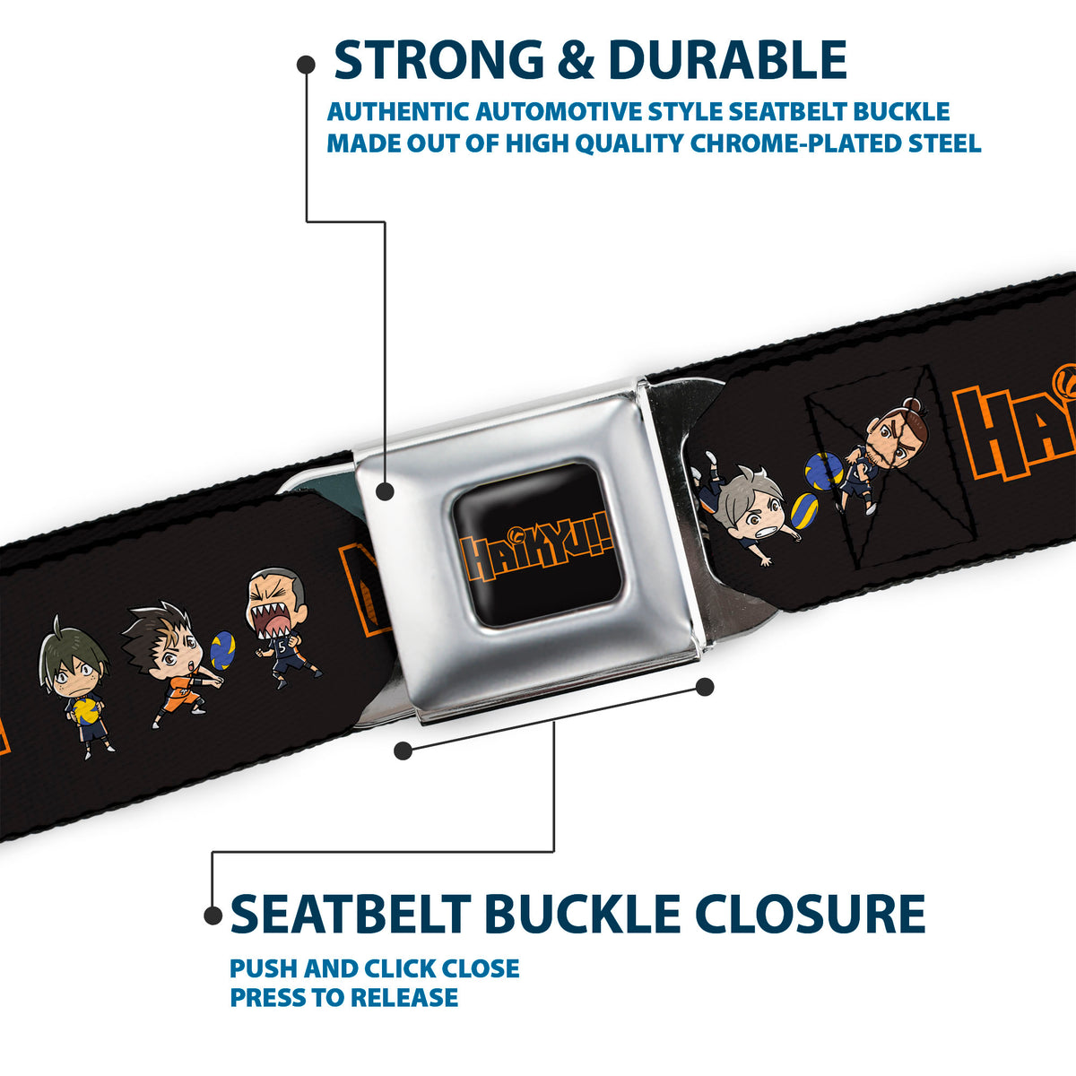 HAIKYU Title Logo Full Color Black/Orange Seatbelt Belt - HAIKYU Title Logo Chibi Karasuno High Player Pose Black Webbing Seatbelt Belts Haikyu!!