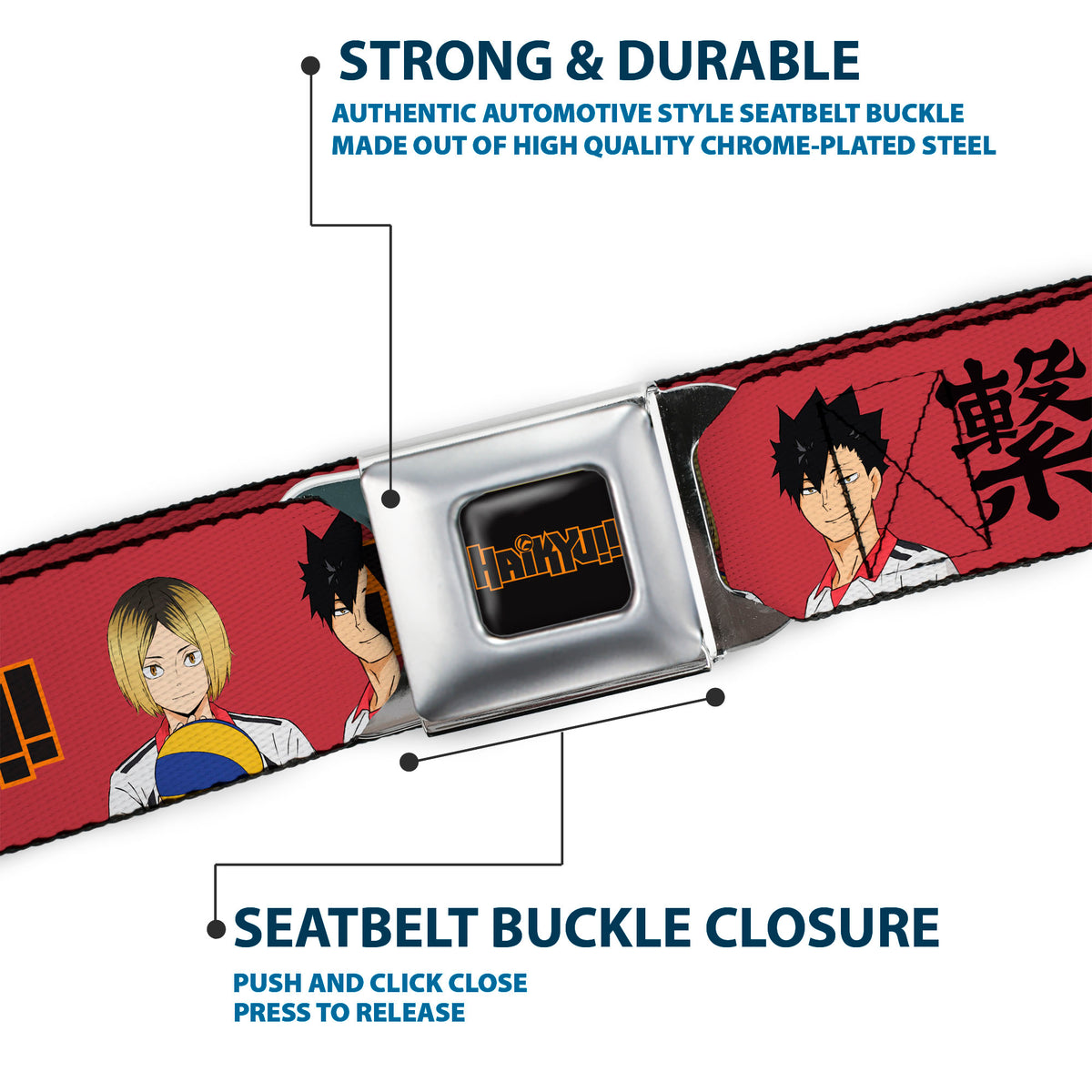 HAIKYU Title Logo Full Color Black/Orange Seatbelt Belt - HAIKYU Kozume and Kuroo Pose and Title Logo Red/Black Webbing Seatbelt Belts Haikyu!!