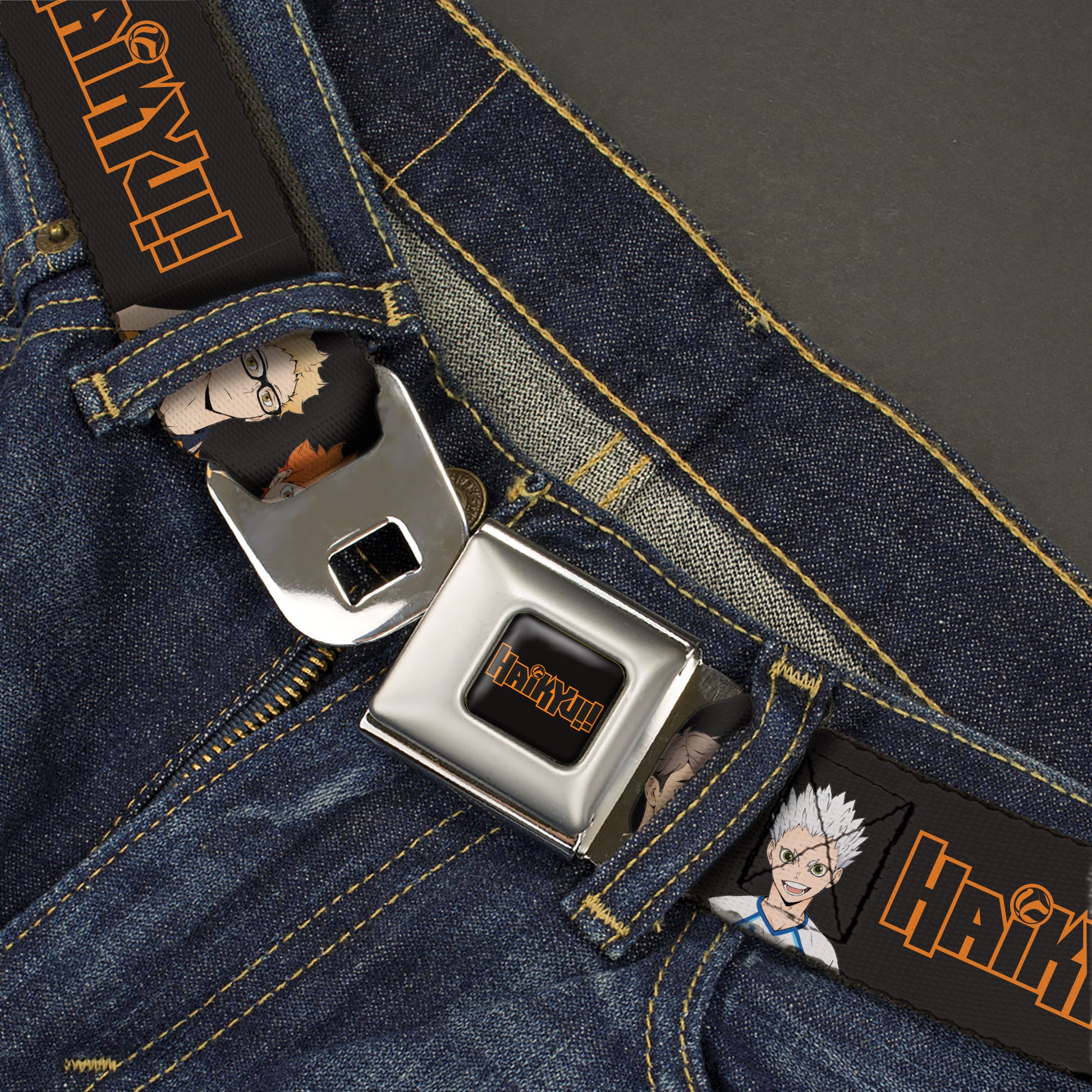 HAIKYU Title Logo Full Color Black/Orange Seatbelt Belt - HAIKYU Volleyball Team Player Groups Line Up Black Webbing Seatbelt Belts Haikyu!!
