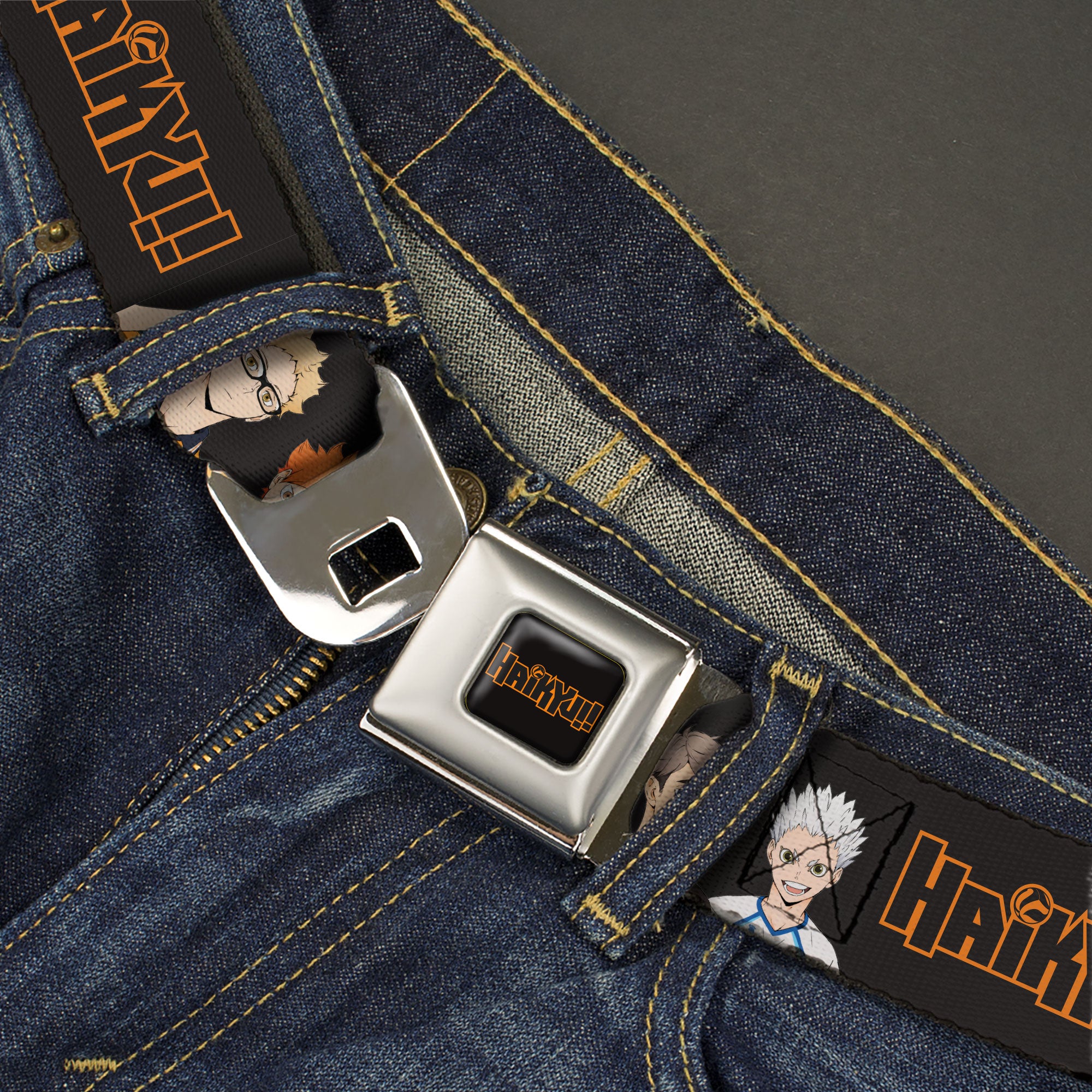 HAIKYU Title Logo Full Color Black/Orange Seatbelt Belt - HAIKYU Volleyball Team Player Groups Line Up Black Webbing Seatbelt Belts Crunchyroll