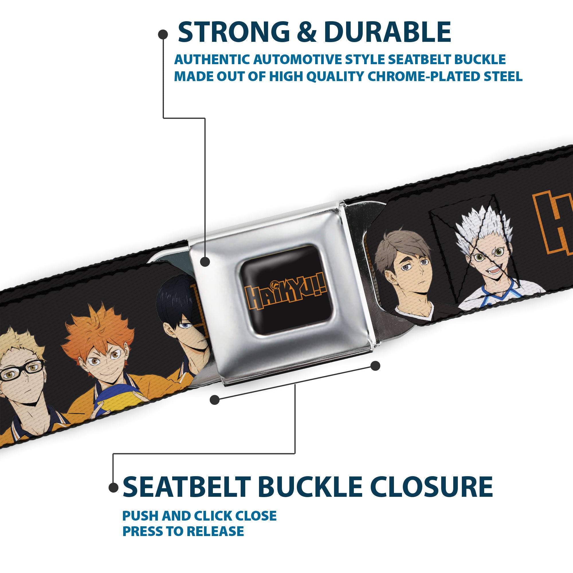HAIKYU Title Logo Full Color Black/Orange Seatbelt Belt - HAIKYU Volleyball Team Player Groups Line Up Black Webbing Seatbelt Belts Haikyu!!