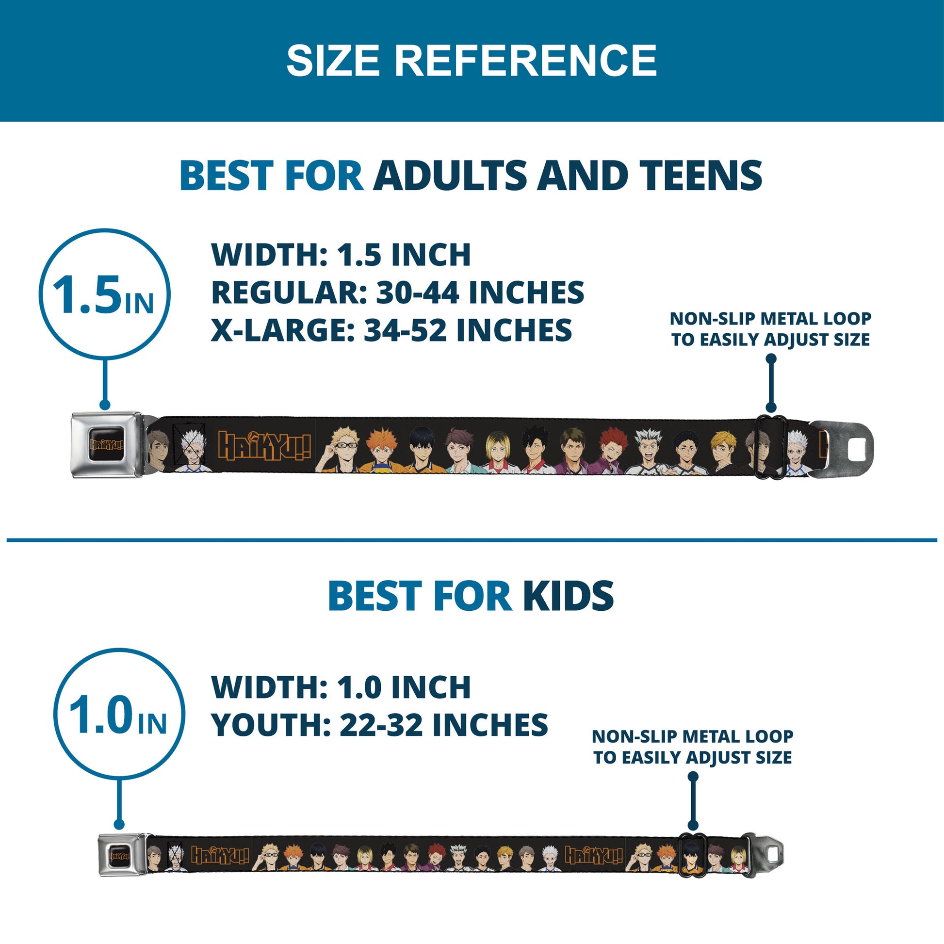 HAIKYU Title Logo Full Color Black/Orange Seatbelt Belt - HAIKYU Volleyball Team Player Groups Line Up Black Webbing Seatbelt Belts Haikyu!!