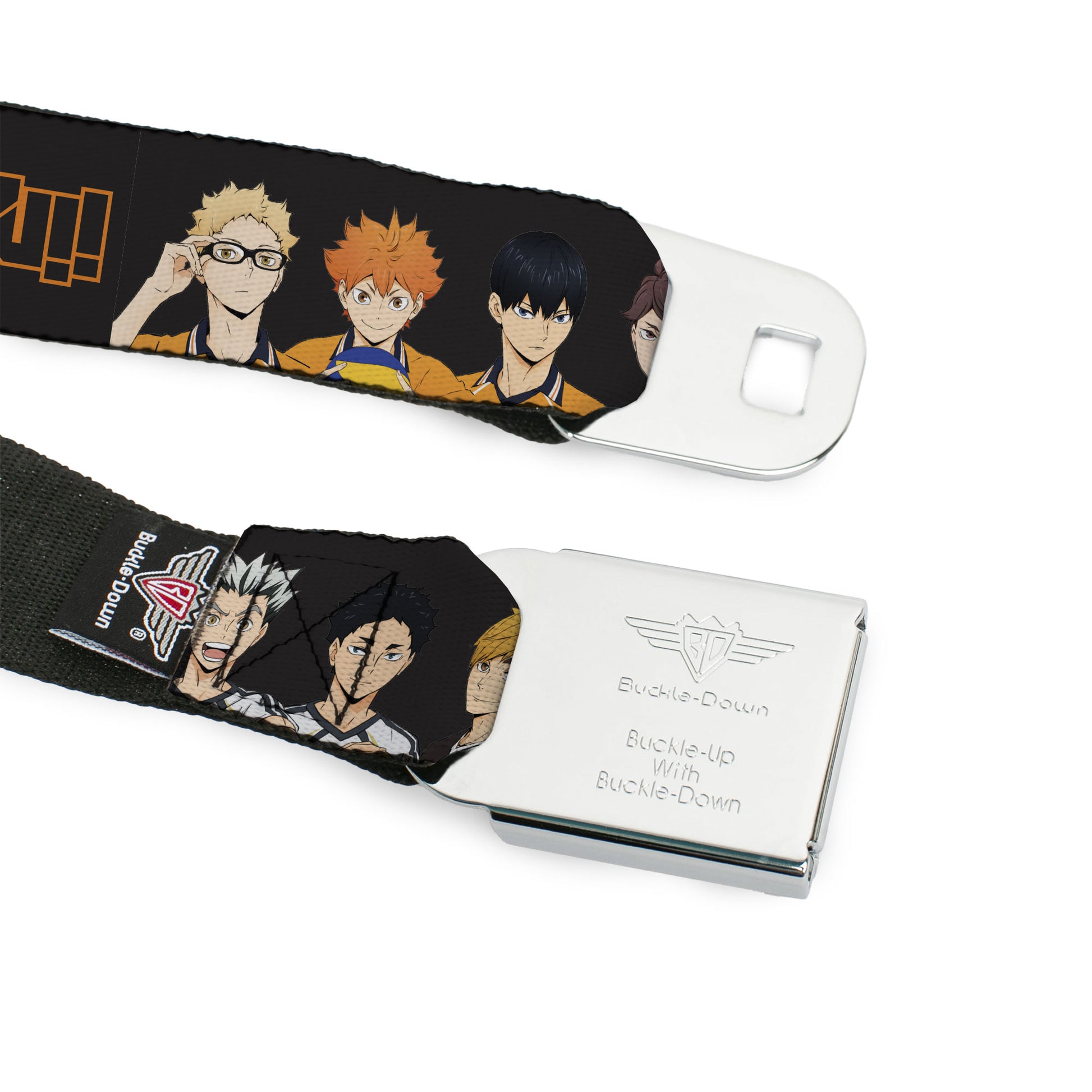 HAIKYU Title Logo Full Color Black/Orange Seatbelt Belt - HAIKYU Volleyball Team Player Groups Line Up Black Webbing Seatbelt Belts Haikyu!!