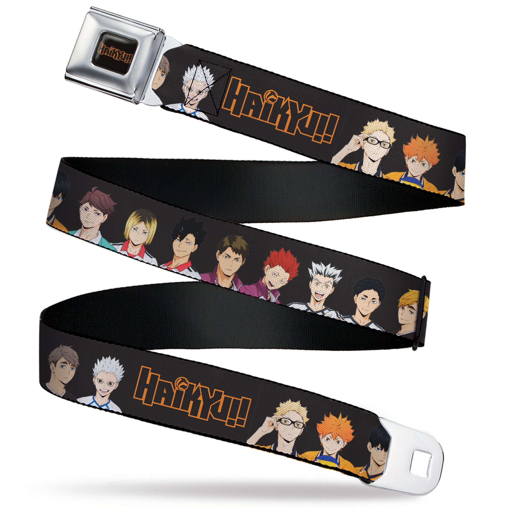 HAIKYU Title Logo Full Color Black/Orange Seatbelt Belt - HAIKYU Volleyball Team Player Groups Line Up Black Webbing Seatbelt Belts Crunchyroll