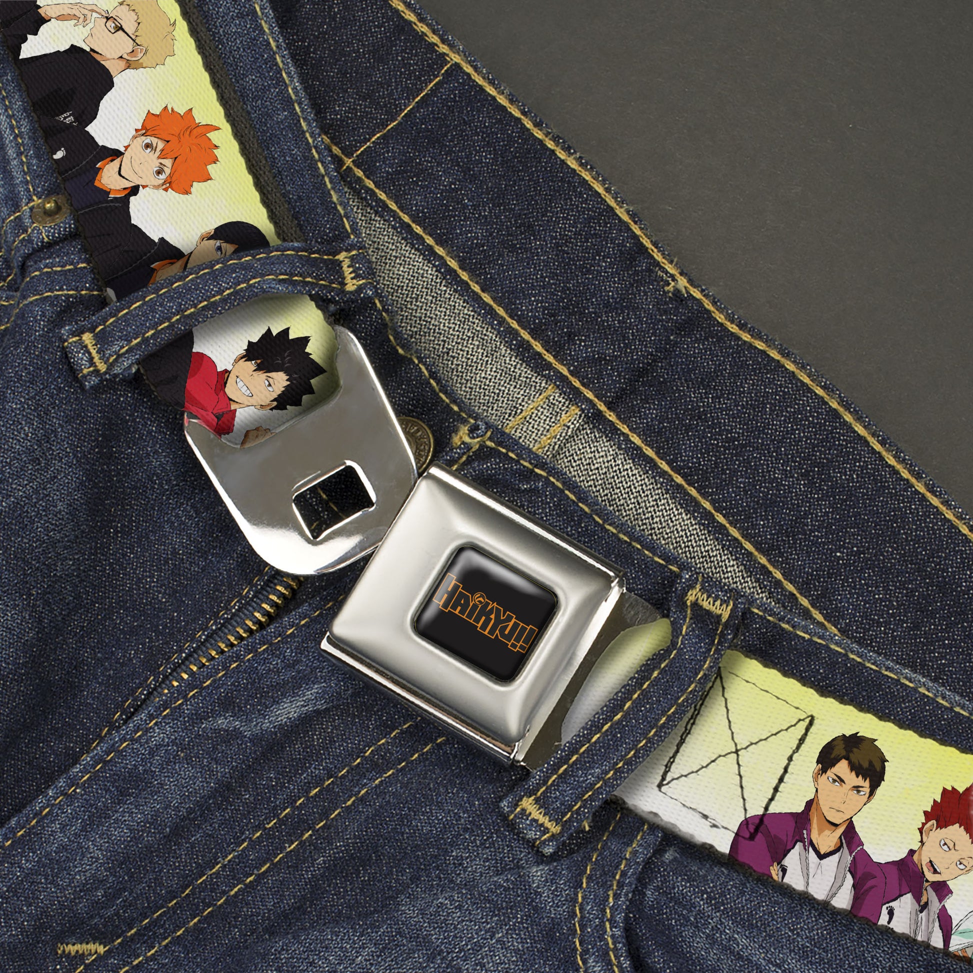 HAIKYU Title Logo Full Color Black/Orange Seatbelt Belt - Haikyu Six Volleyball Team Player Pairs Line Up Yellows Webbing Seatbelt Belts Haikyu!!